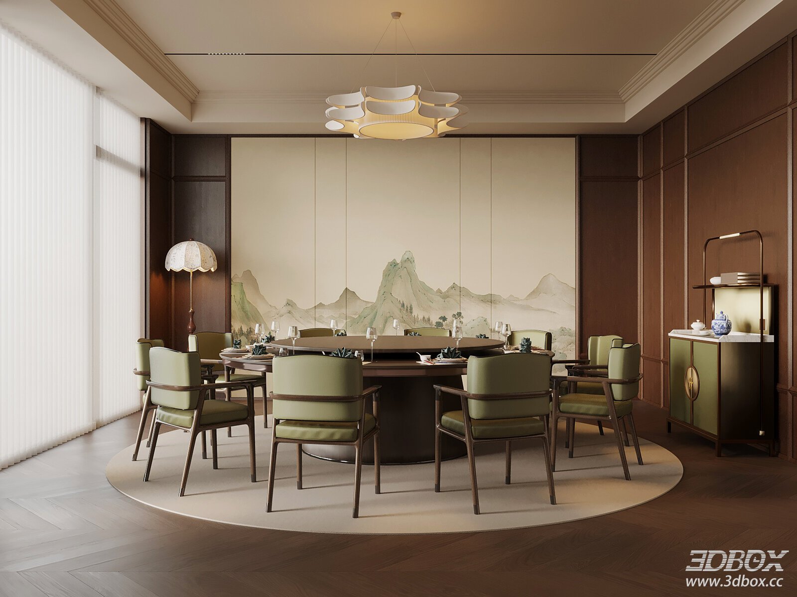 French Vintage Private Dining Booth with Round Table and Chairs 3D model - front view