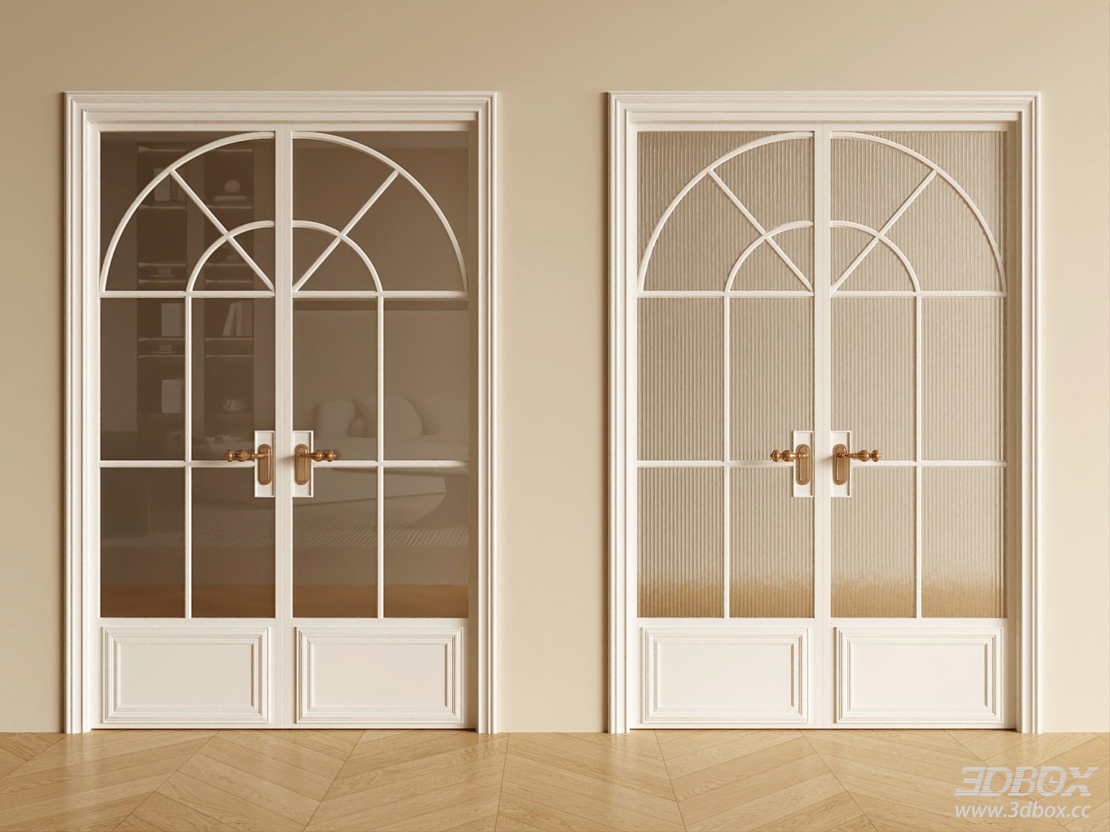 French Style Double Glass Interior Door Set 3D model - front view