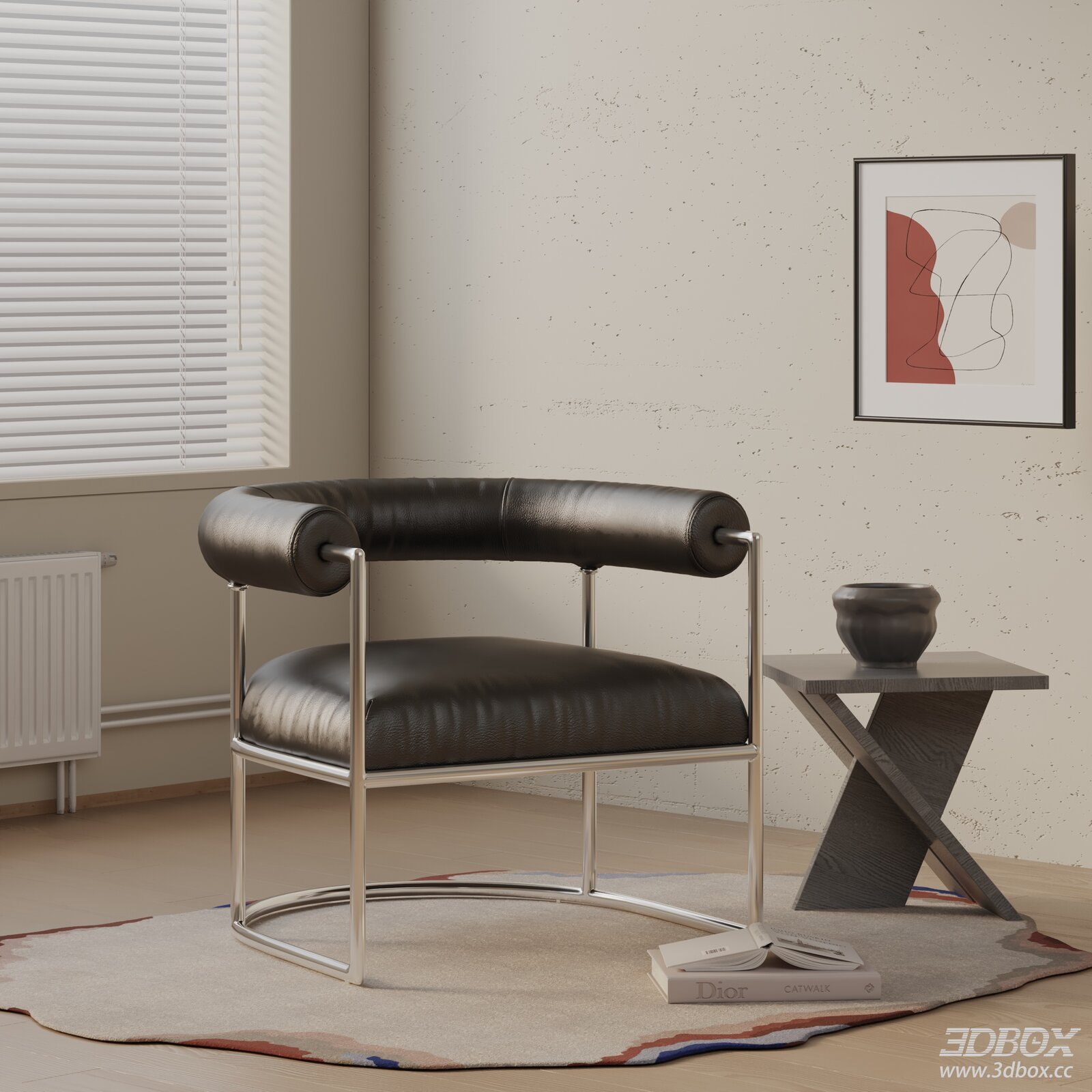 Modern Black Leather Armchair with Metal Frame 3D model - front view