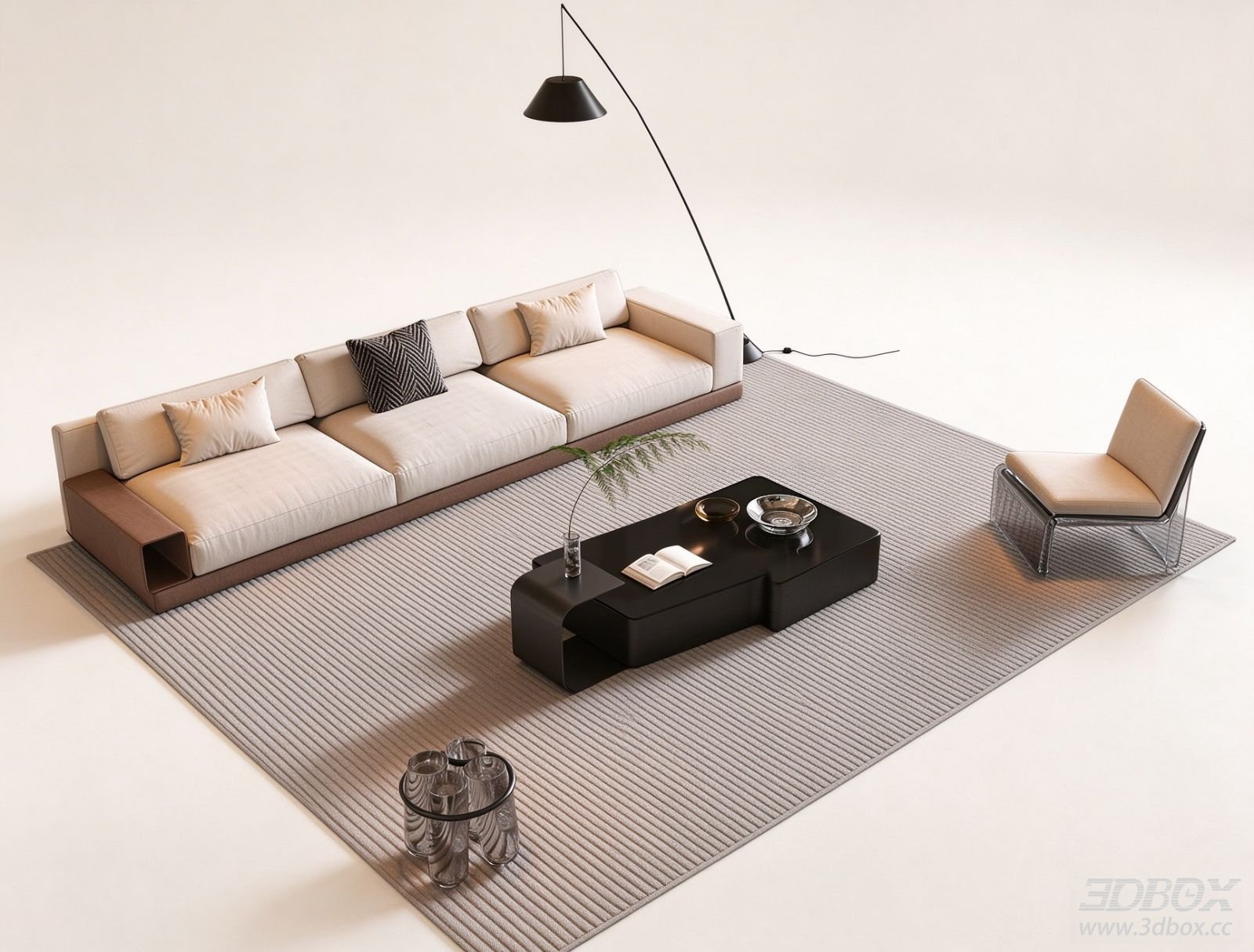 Modern Fabric Leather Sofa Set with Coffee Table and Armchair 3D model - front view