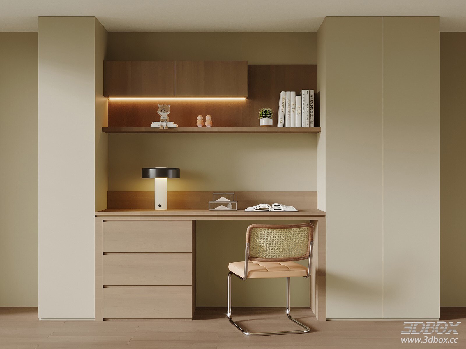 Modern Minimalist Wooden Work Desk with Bookshelf and Rattan Chair 3D model - front view