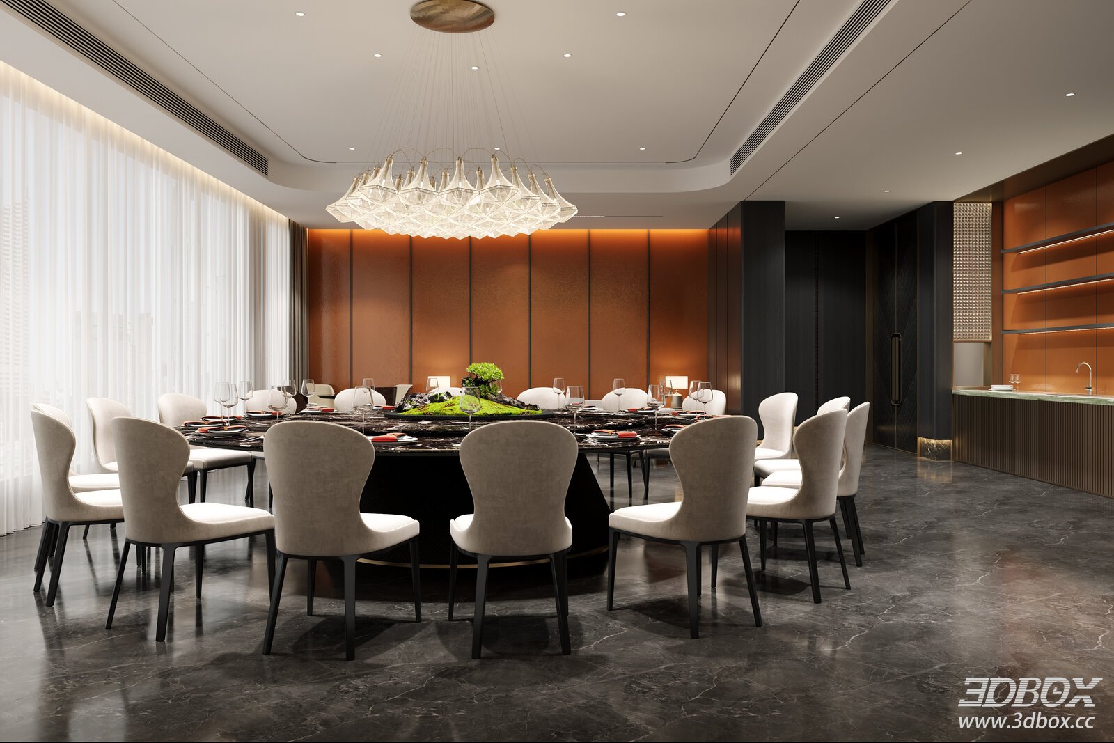 Modern Luxury Hotel Private Dining Room Scene 3D model - front view