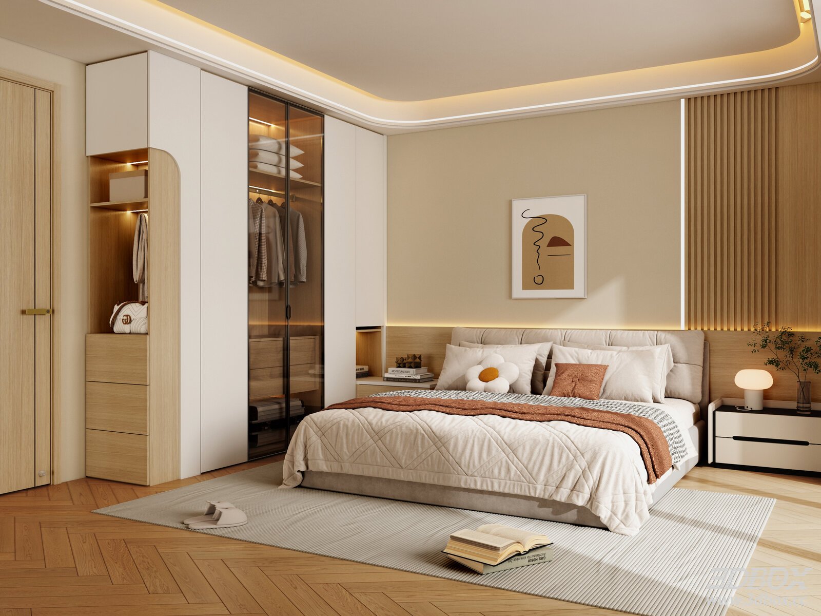 Modern Wood Style Cozy Bedroom Interior Scene 3D model - front view
