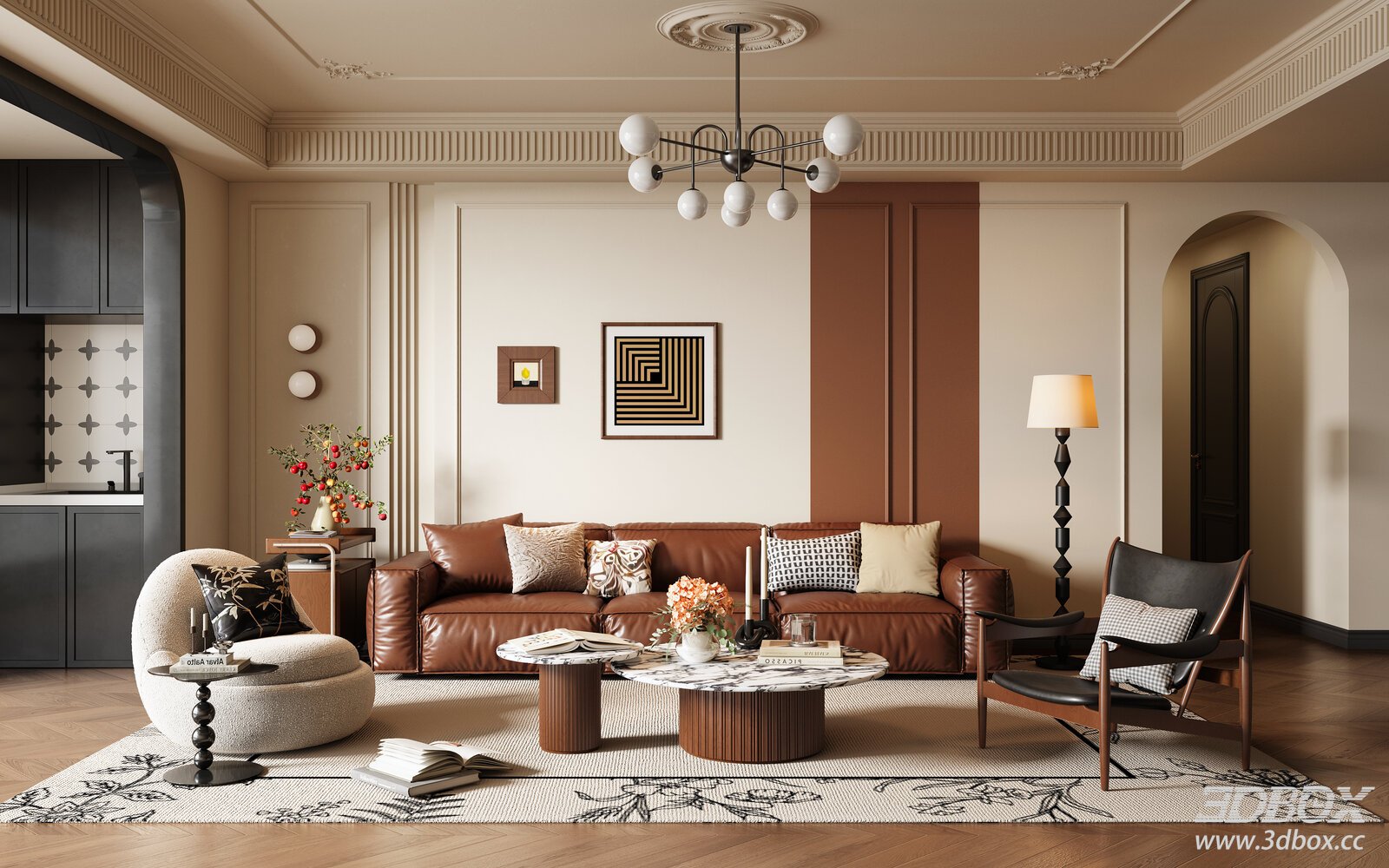 French Vintage Mid-Century Modern Living Room Interior Scene 3D model - front view