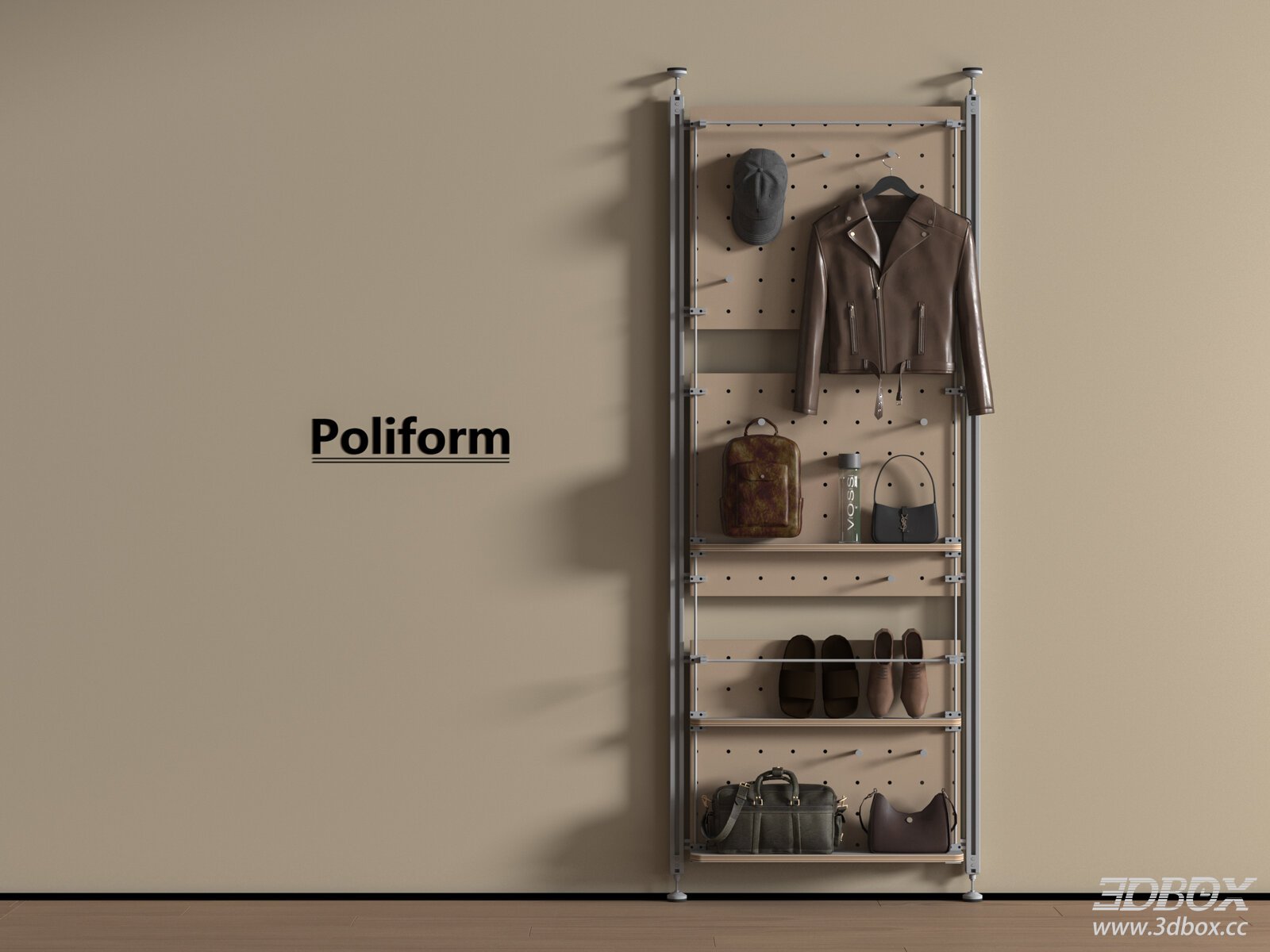 Modern Vintage Wall Mounted Pegboard Storage Rack 3D model - front view