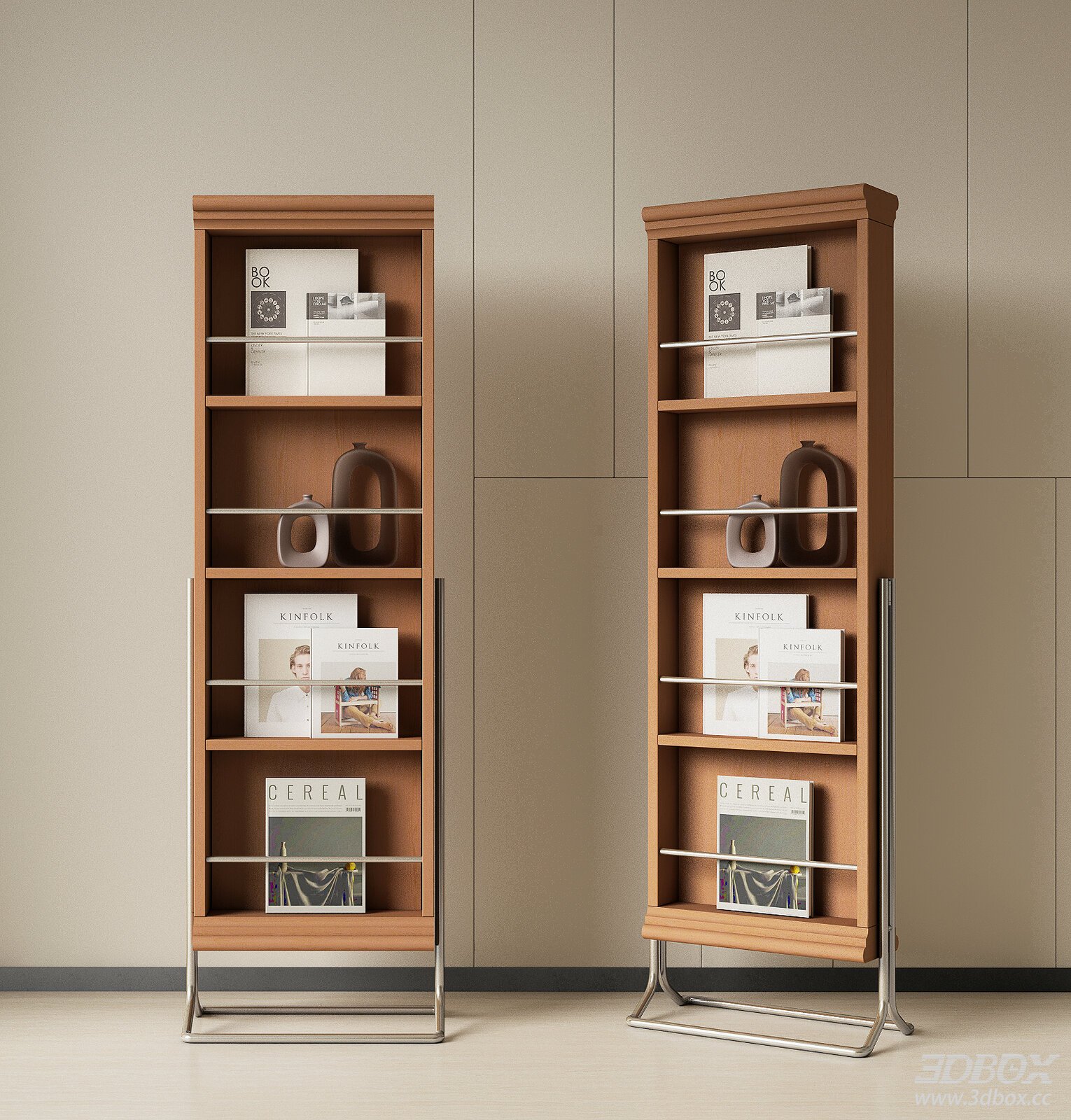 Modern Wooden Magazine Display Rack with Metal Base 3D model - front view