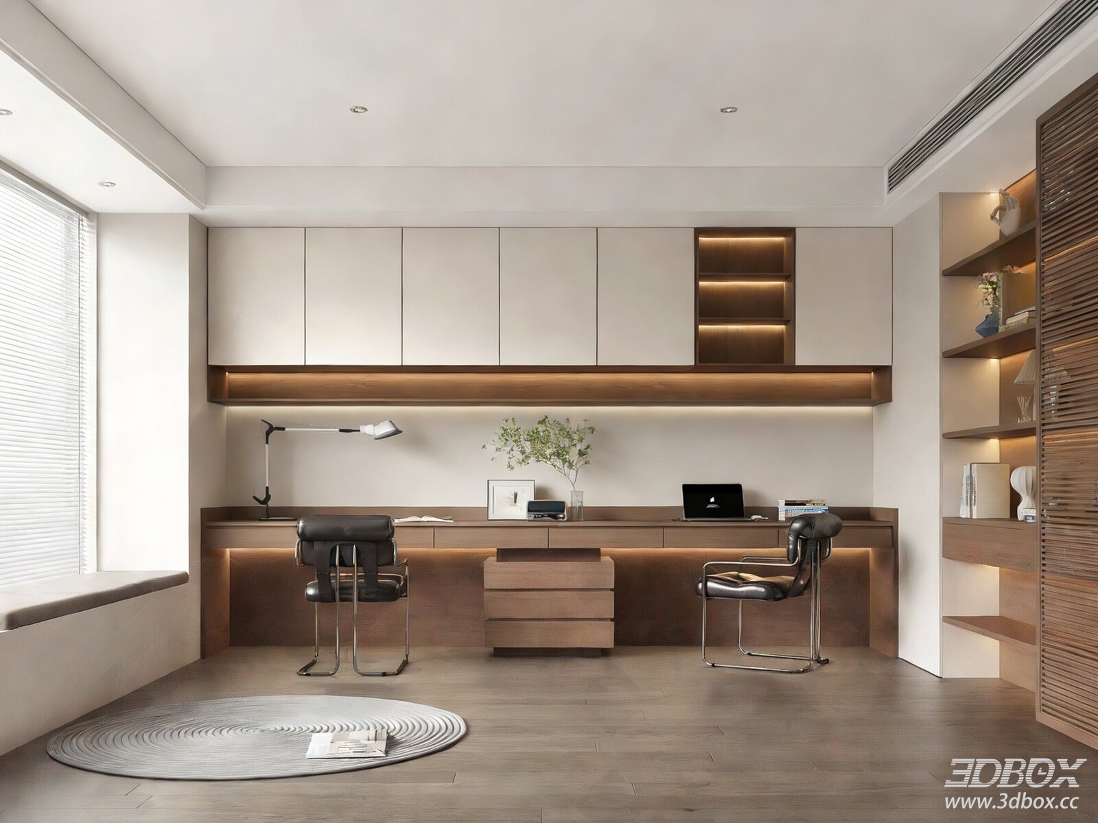 Modern Wood Open Study Room with Double Desks and Bookcases 3D model - front view