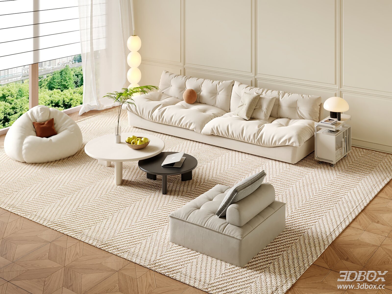 Modern Cream Style Living Room Sofa and Coffee Table Set 3D model - front view