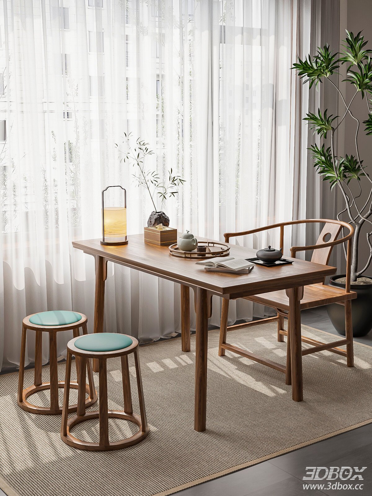 New Chinese Style Tea Room Furniture Set 3D model - front view