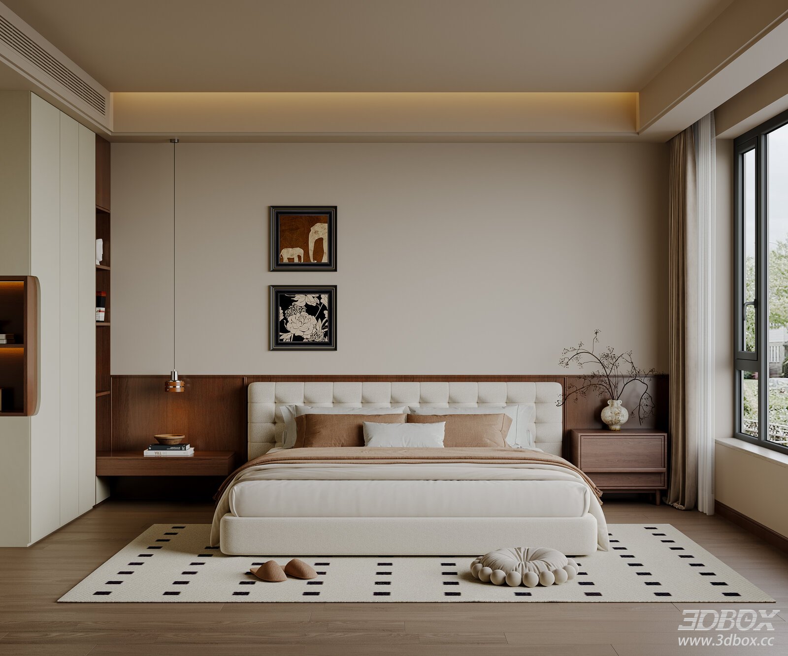 Mid-Century Modern Bedroom with Fabric Double Bed and Wardrobe 3D model - front view