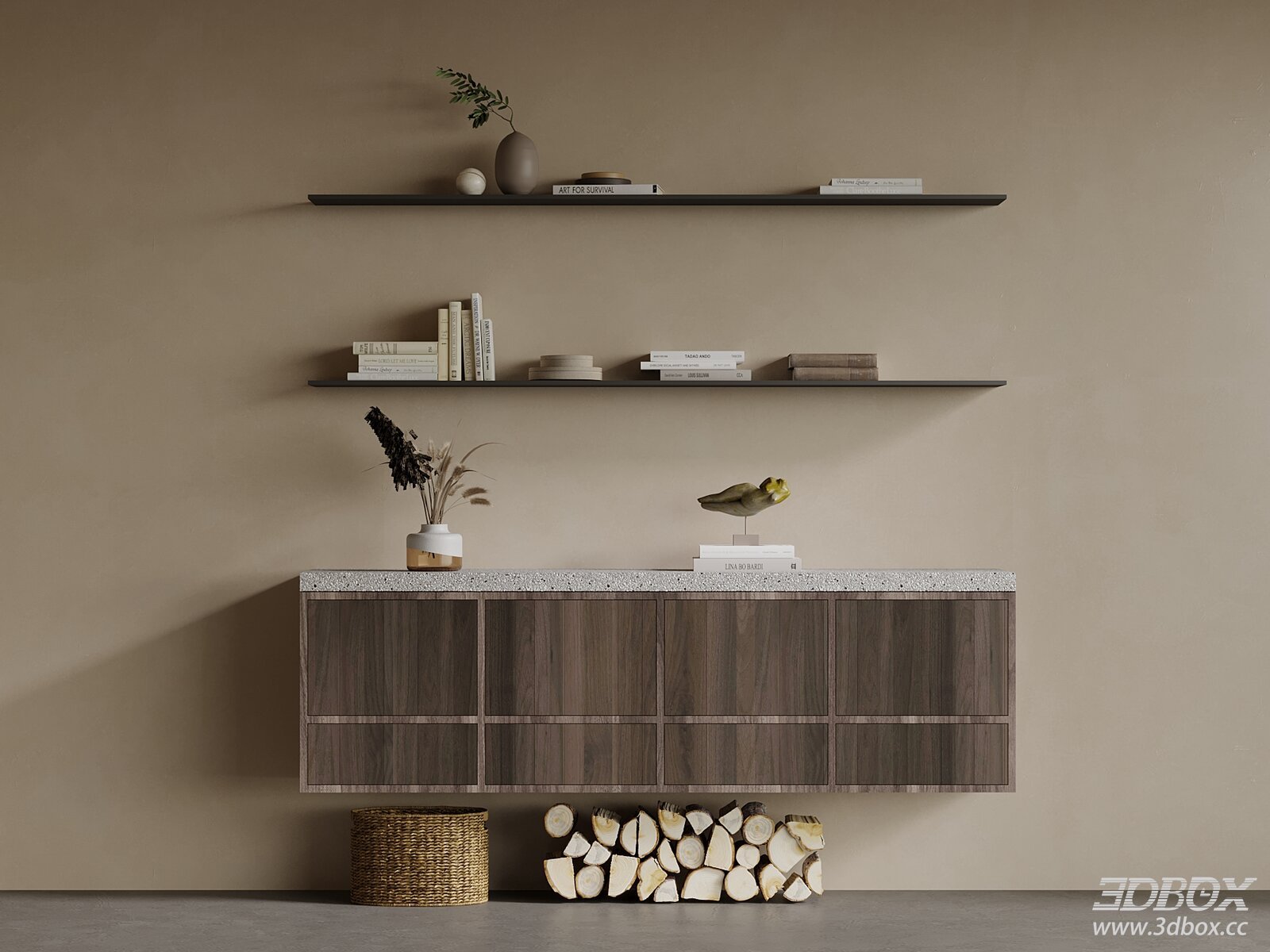 Modern Walnut Wall Mounted Sideboard with Wall Shelves 3D model - front view