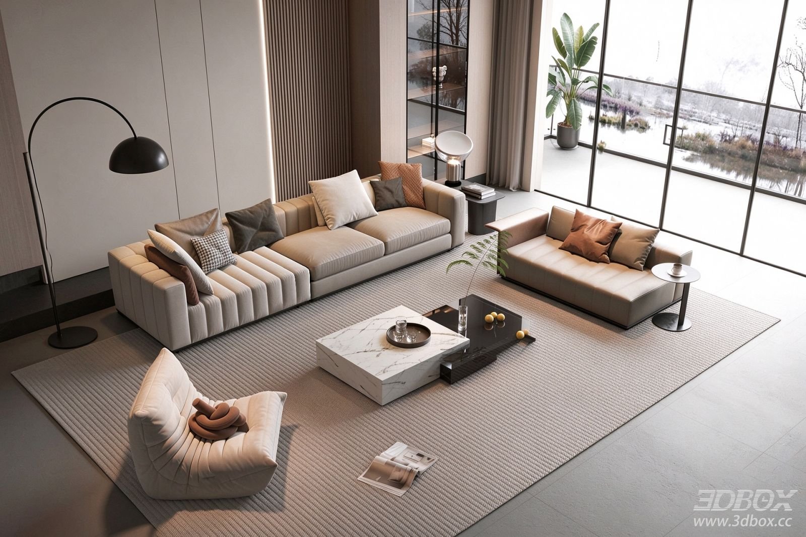 Modern Minimalist Living Room Sofa Set With Marble Coffee Table 3D model - front view