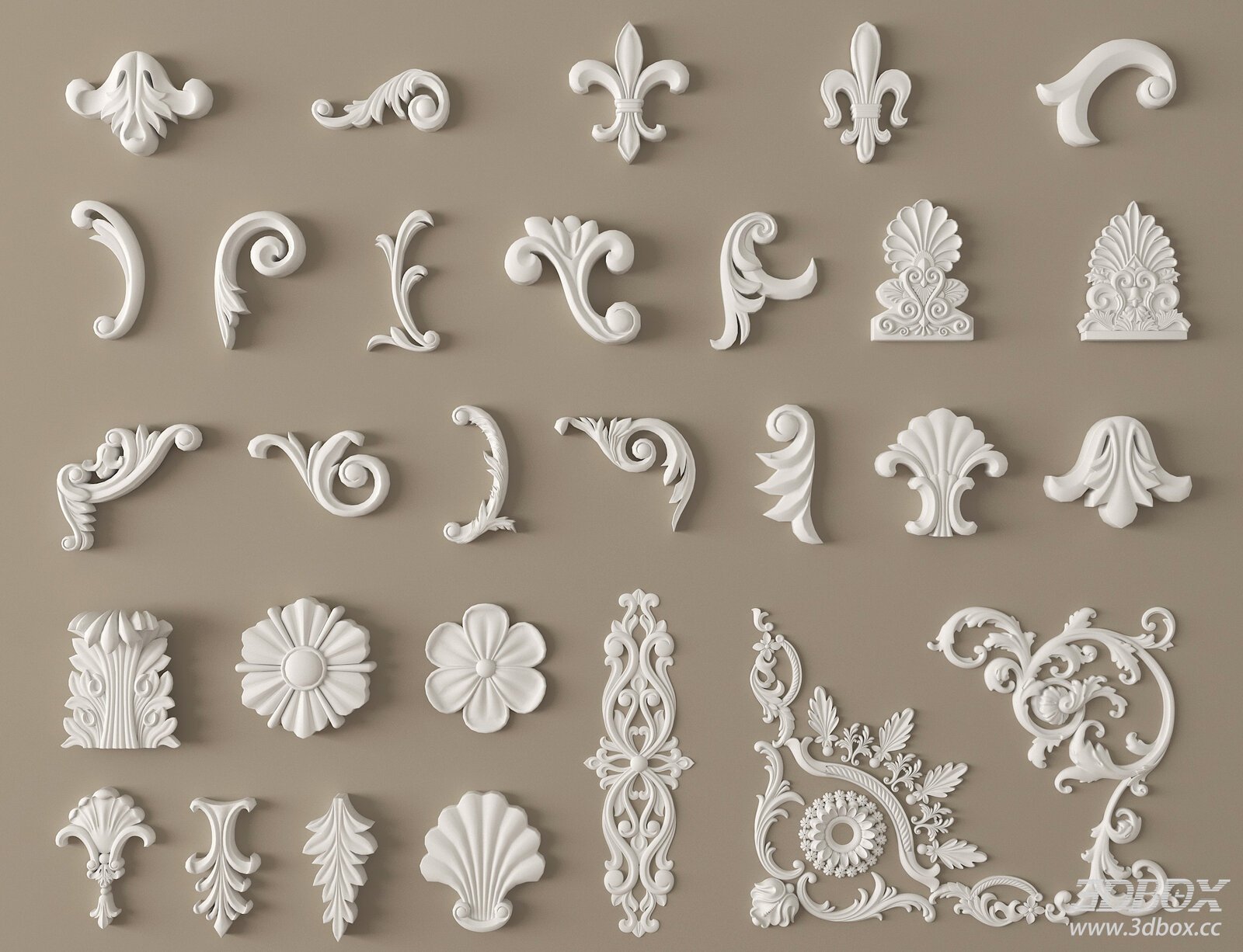Classic European Decorative Plaster Ornaments Set 3D model - front view