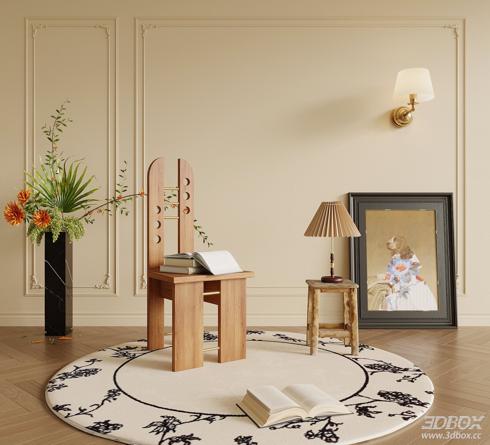 French Style Wooden Armchair Side Table Decor Set 3D model - front view