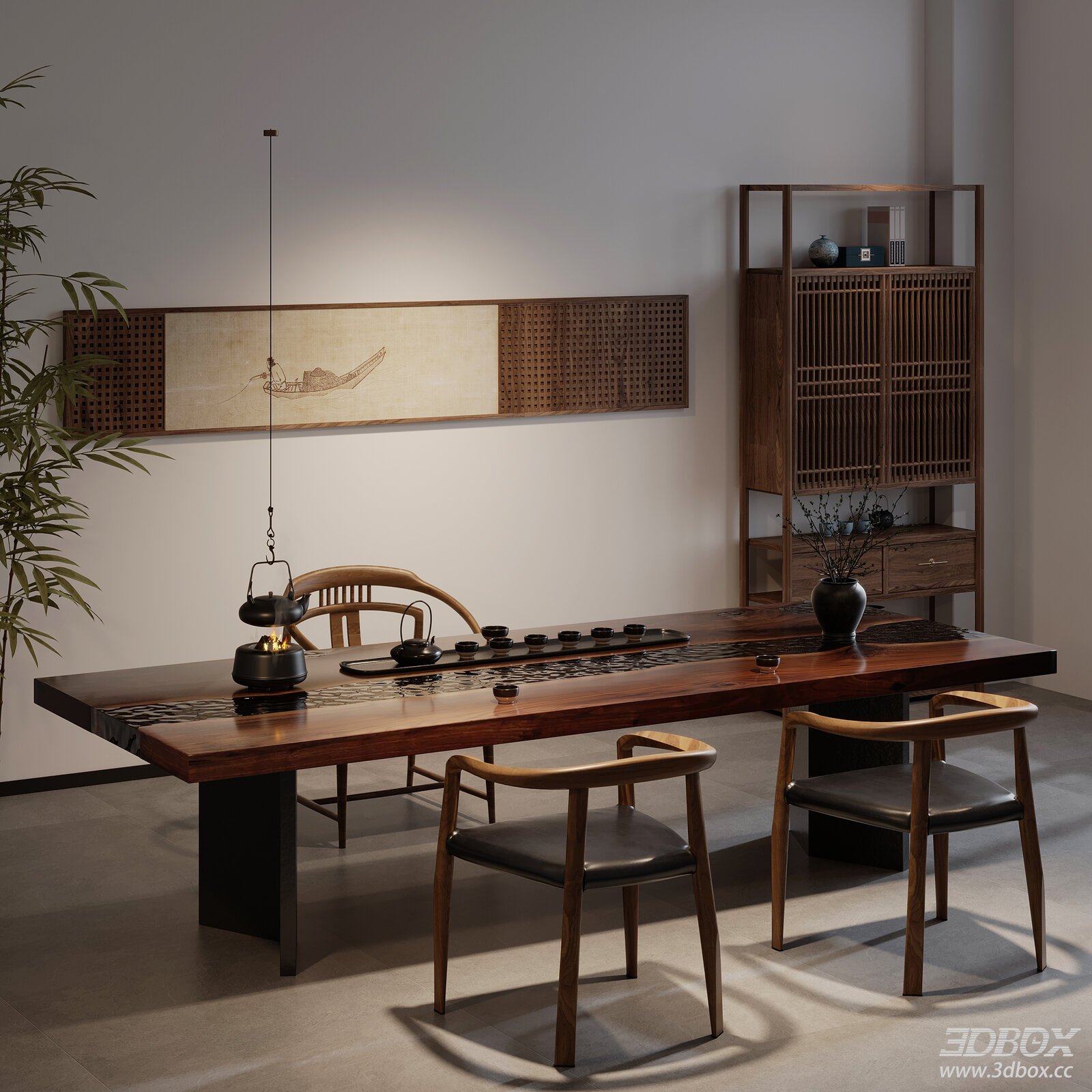New Chinese Style Tea Room With Tea Table And Armchairs 3D model - front view