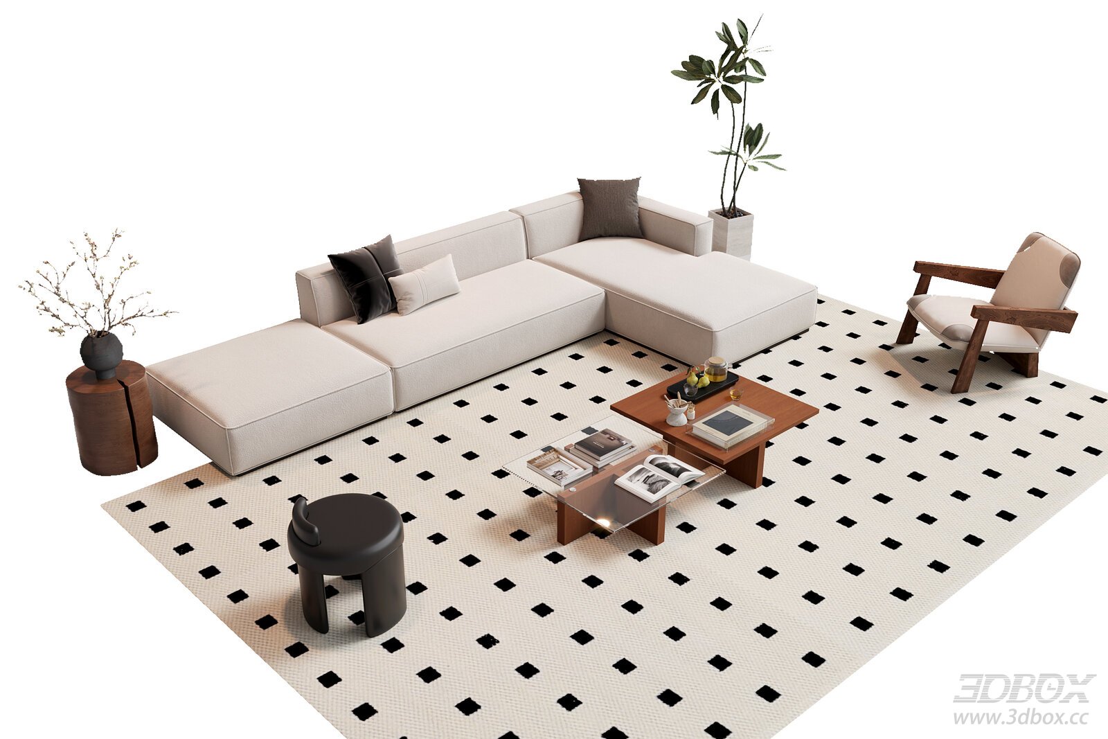 Modern Wabi Sabi Style Sofa Set with Coffee Tables and Armchair 3D model - front view