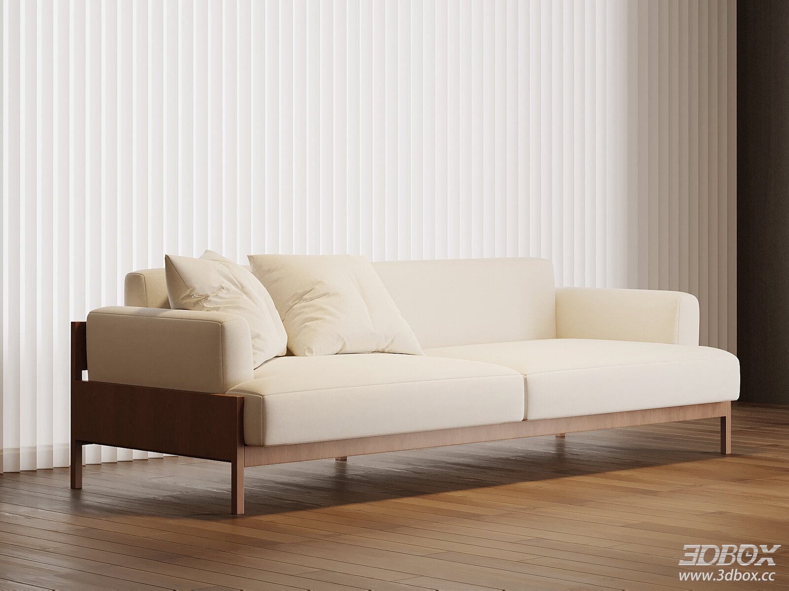 Modern Mid-Century Cream Fabric Sofa with Wooden Frame 3D model - front view