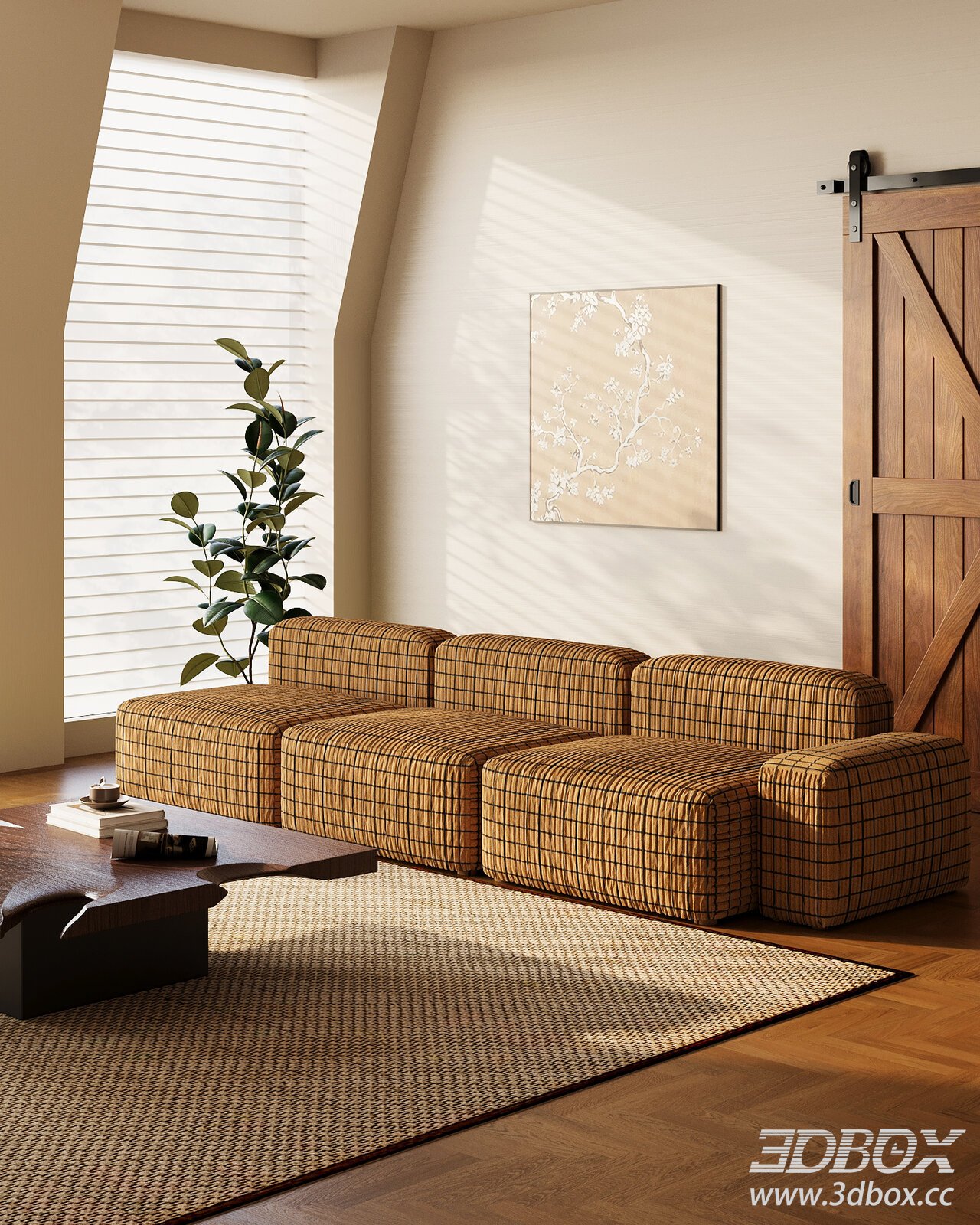 Modern Vintage Modular Fabric Sofa Set 3D model - thumbnail 1