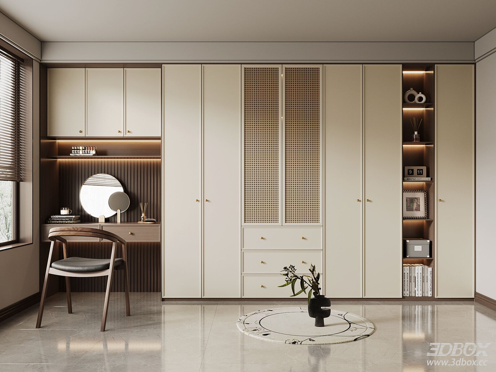 Mid-century Retro Wardrobe with Dressing Table Set 3D model - front view