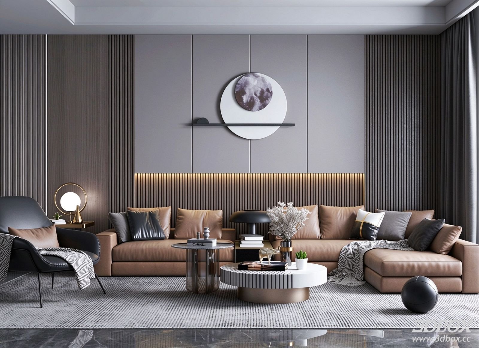 Modern Luxury Living Room with Leather Sofa and Coffee Table Set 3D model - front view