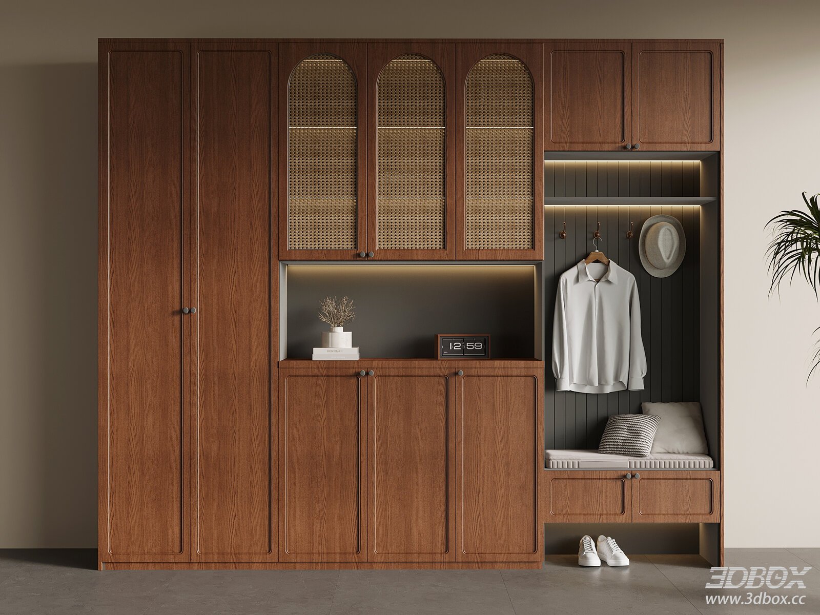 Vintage Mid-century Hallway Entry Shoe Cabinet 3D model - front view