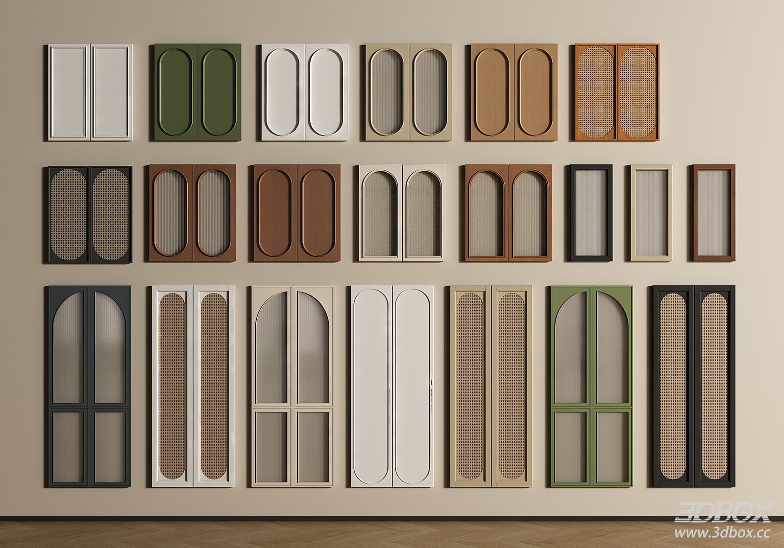 French Style Glass Rattan Cabinet Door Set 3D model - front view