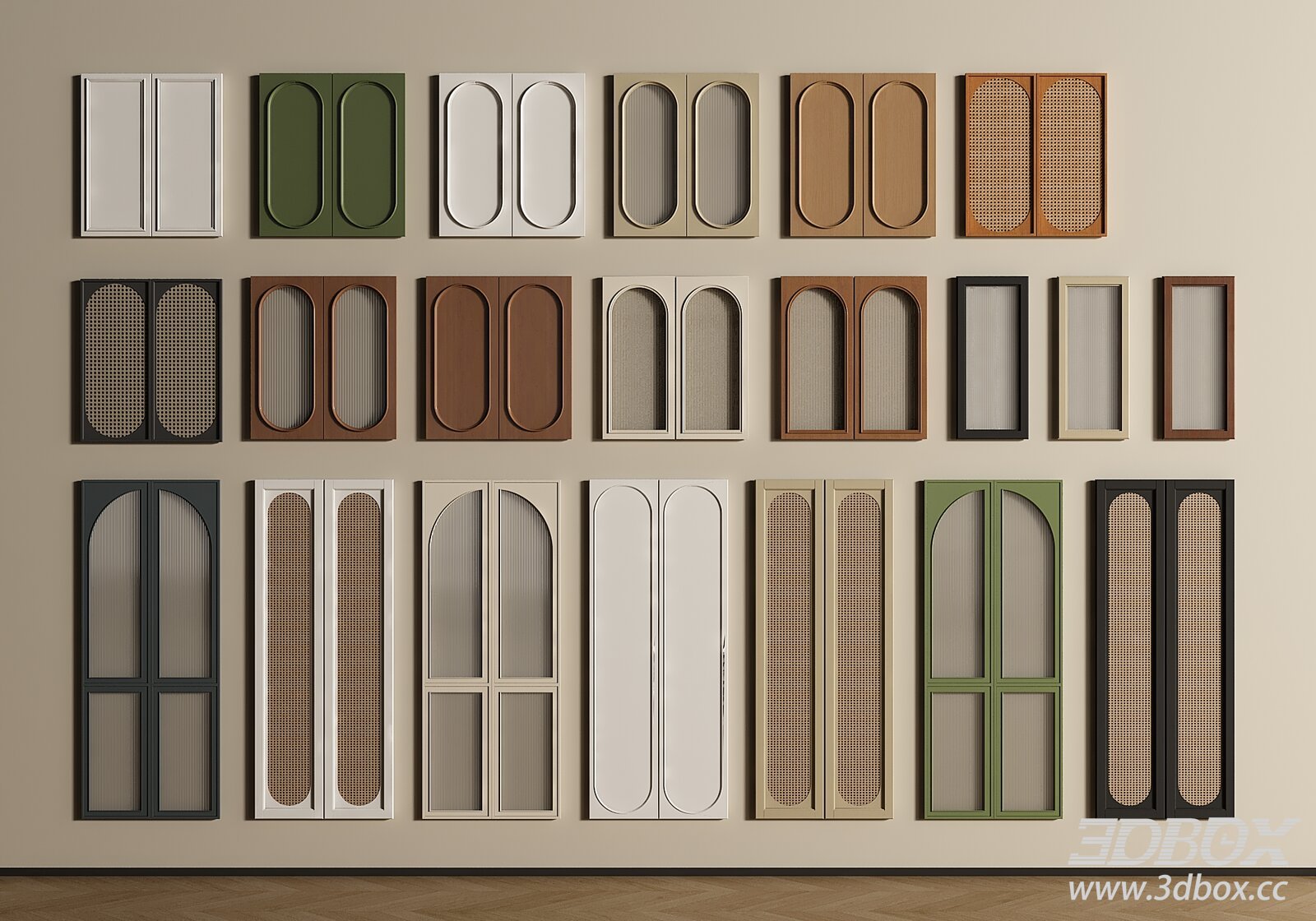 French Style Glass Rattan Cabinet Door Set 3D model - thumbnail 1
