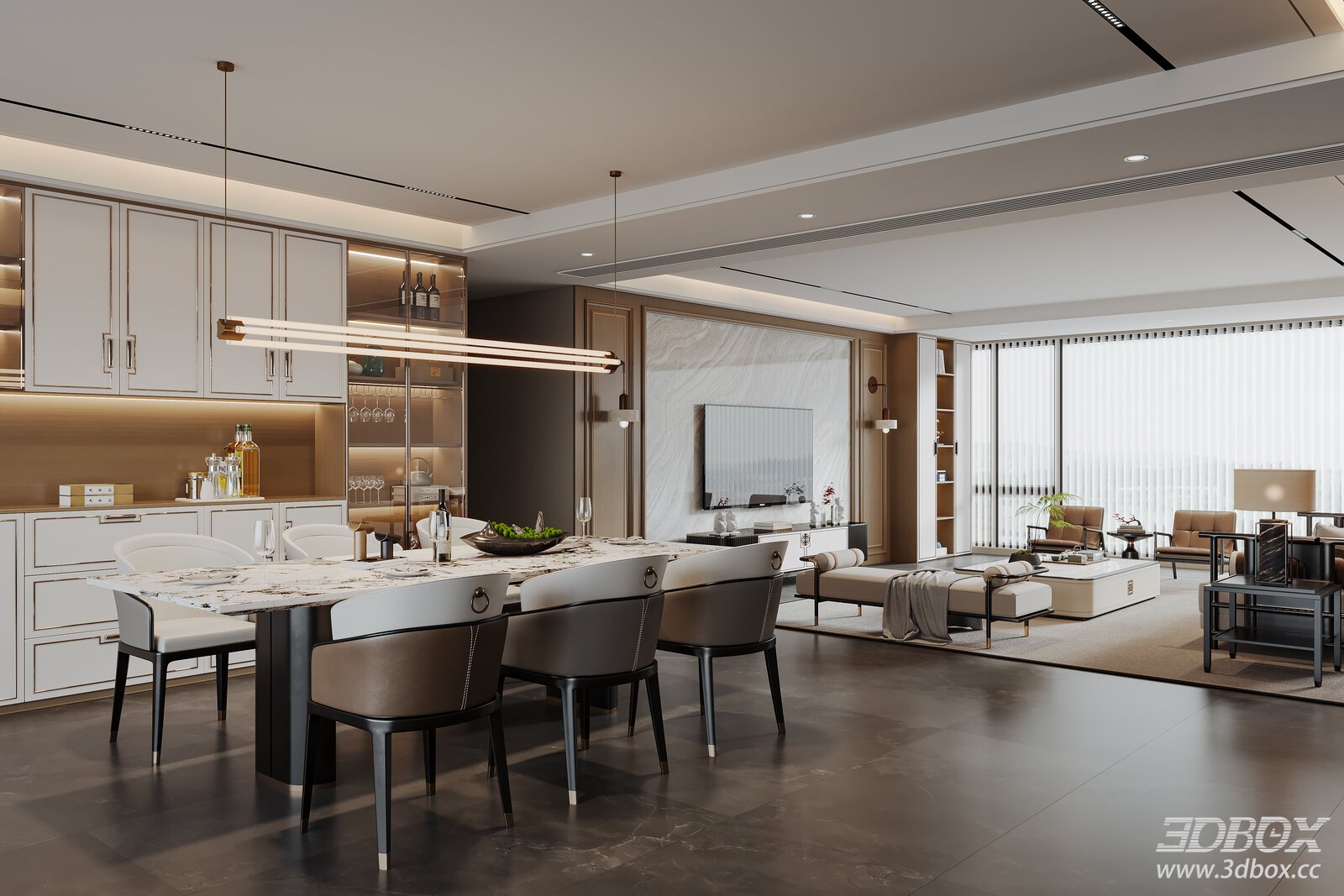 New Chinese Style Song Dynasty Living and Dining Room 3D model - front view