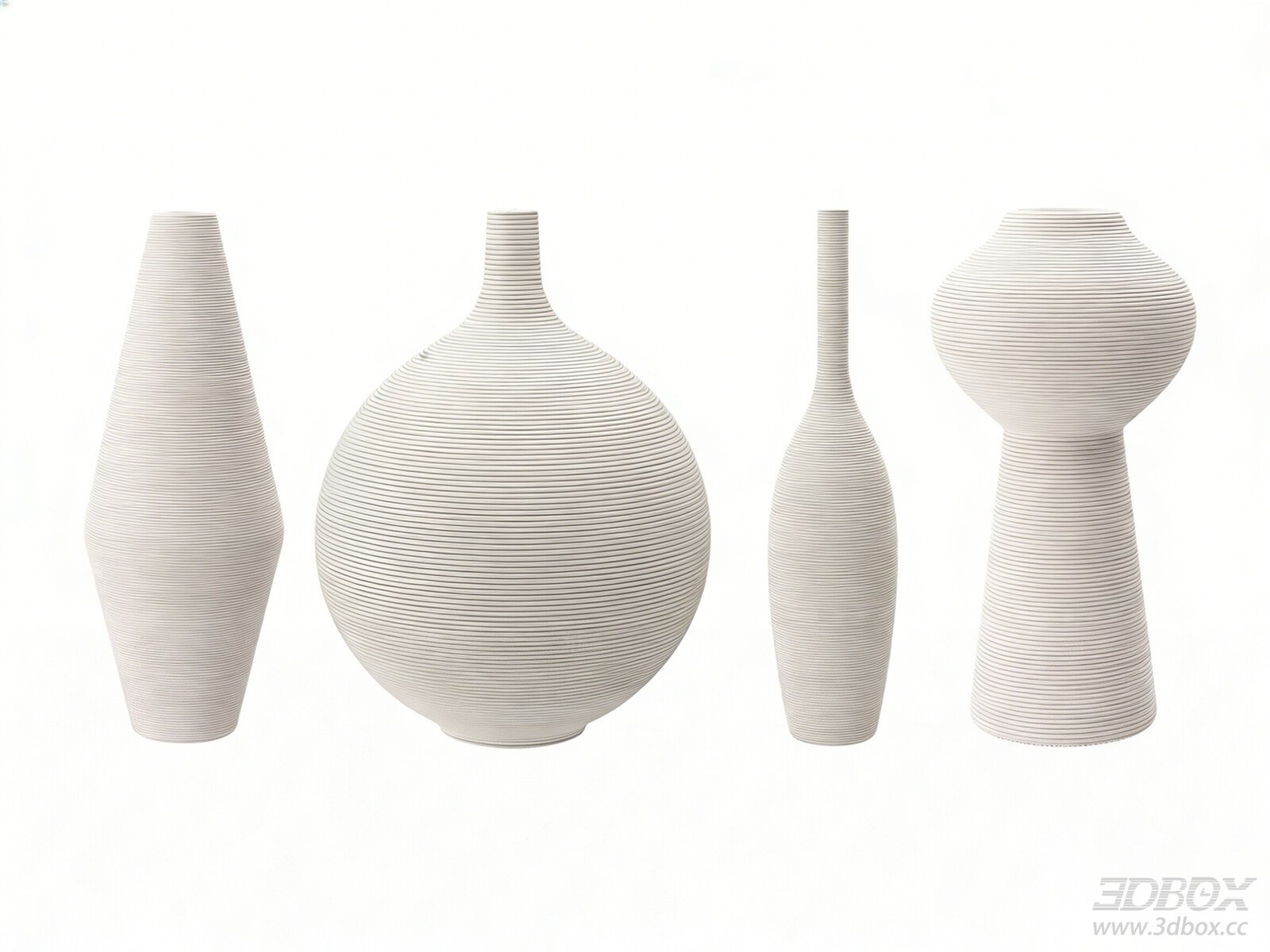 Modern White Ribbed Ceramic Vase Set 3D model - front view