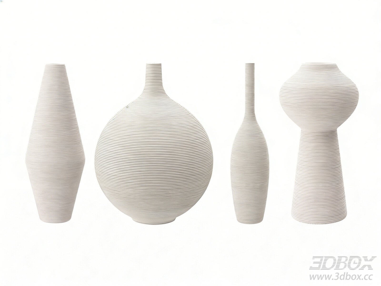 Modern White Ribbed Ceramic Vase Set 3D model - thumbnail 1