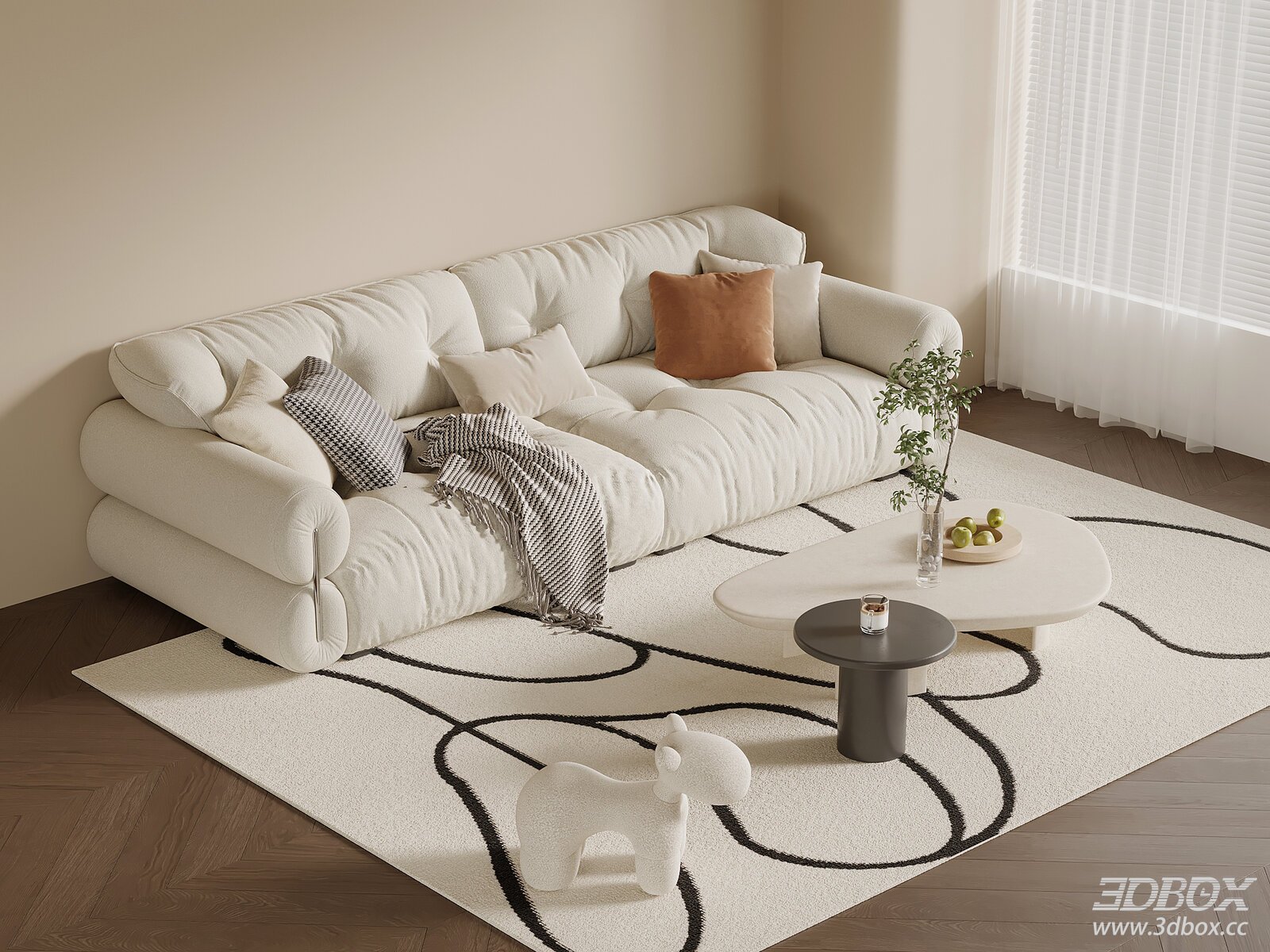 Modern Cream Style Fabric Sofa and Coffee Table Set 3D model - front view