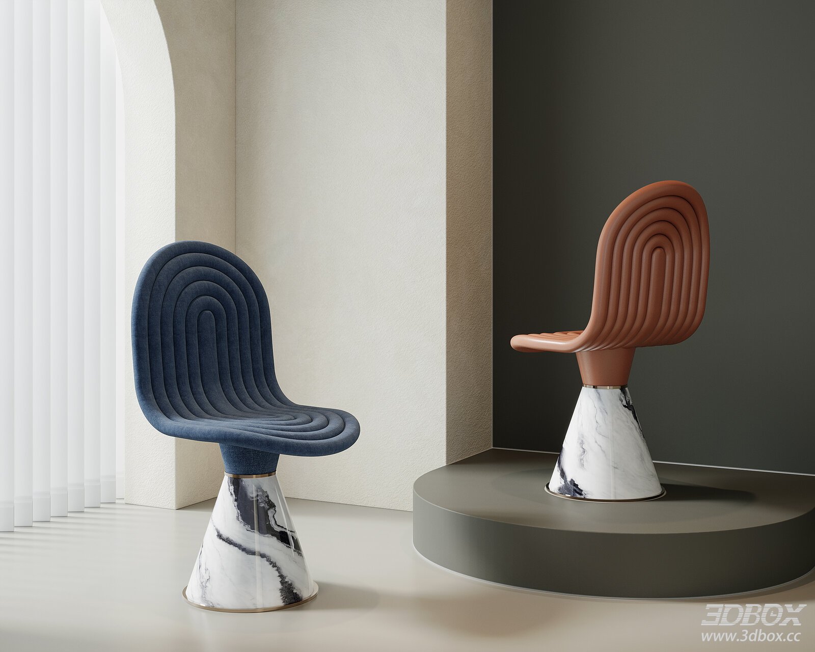Modern Luxury Upholstered Chair with Marble Base 3D model - front view
