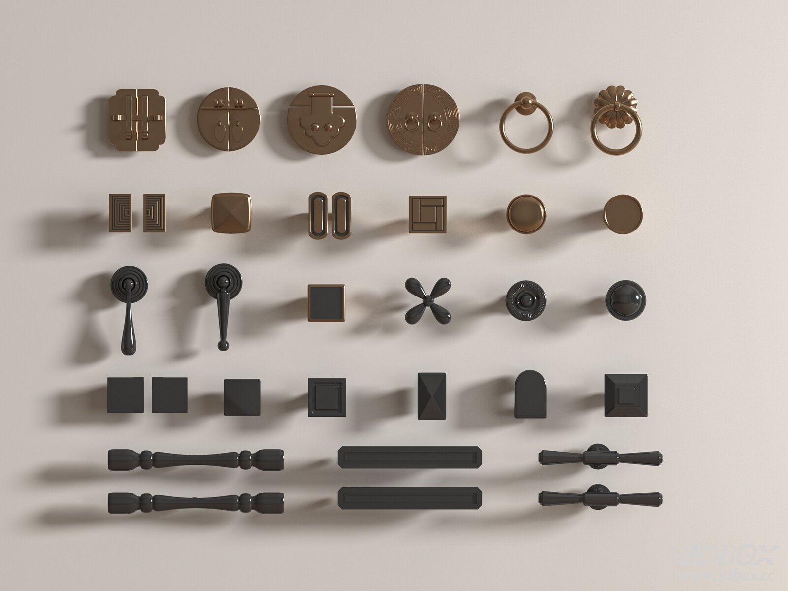 Modern Luxury Cabinet Handle Set, Brass and Black Hardware 3D model - front view