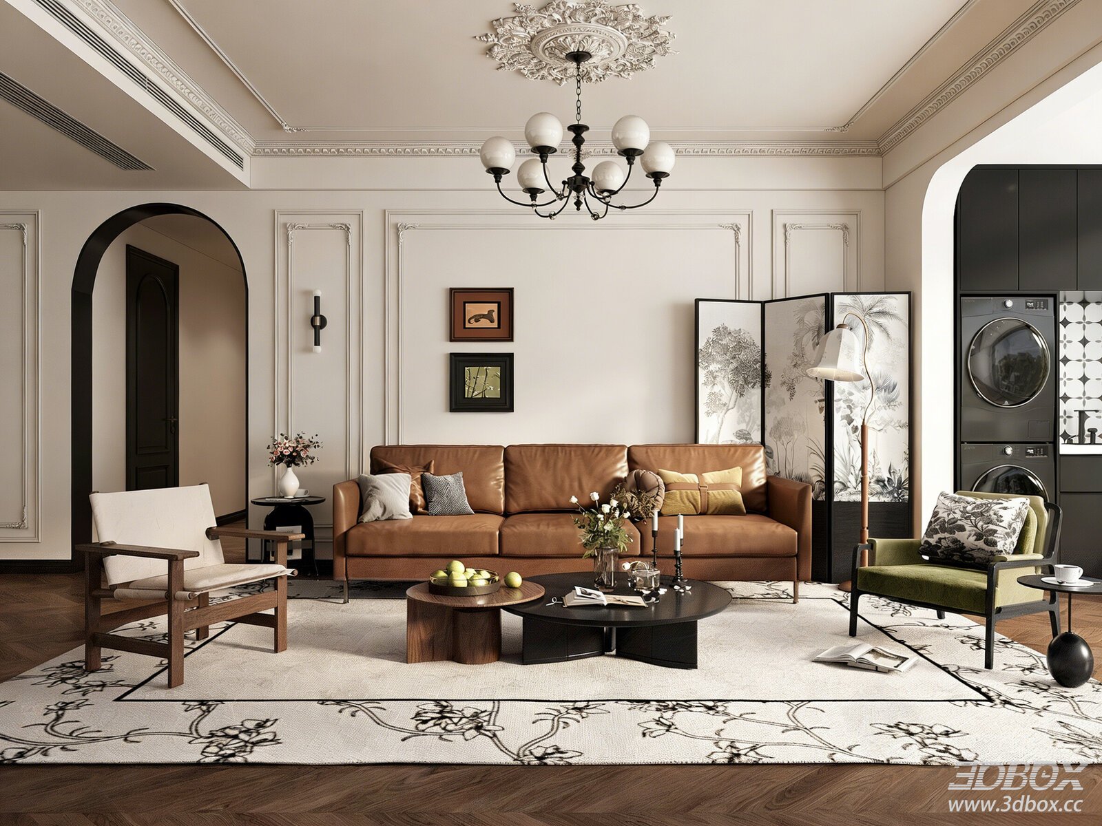 French Vintage Mid-Century Living Room Interior Scene 3D model - front view