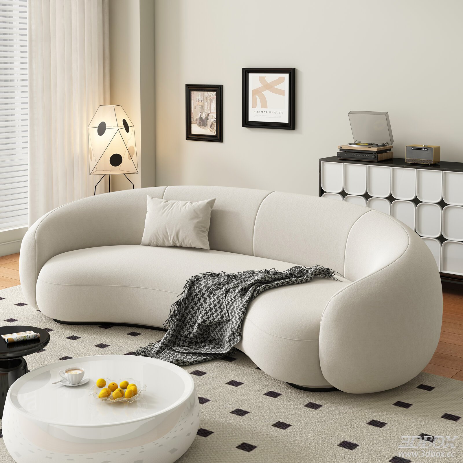 Modern Minimalist Curved Fabric Sofa Living Room Scene 3D model - front view