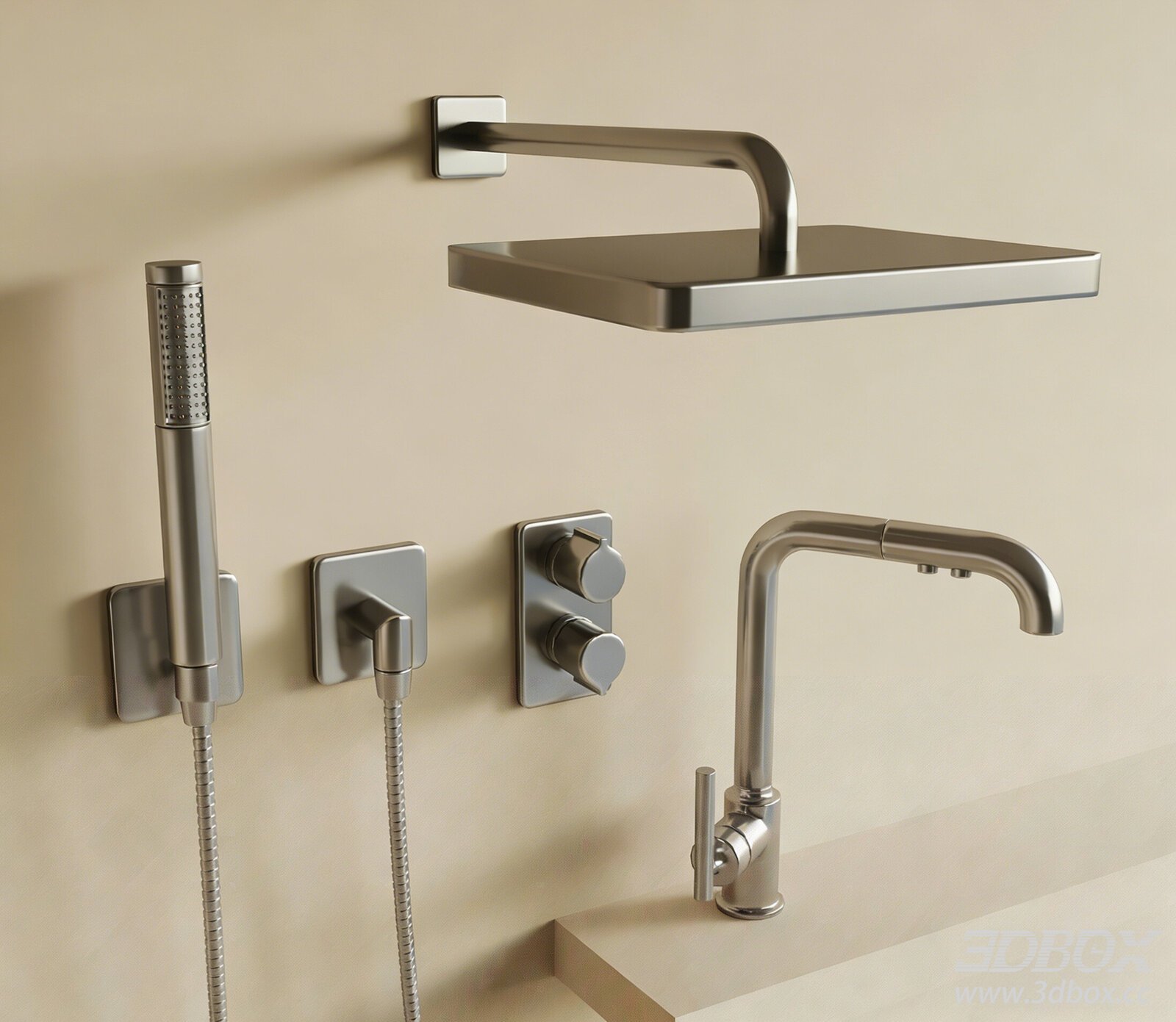 Modern Brushed Nickel Shower Faucet Set 3D model - thumbnail 1