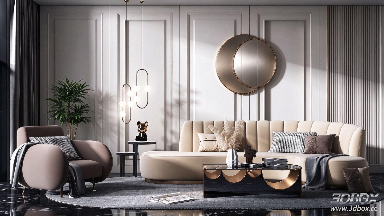 Modern Light Luxury Living Room Sofa and Coffee Table Set 3D model - front view