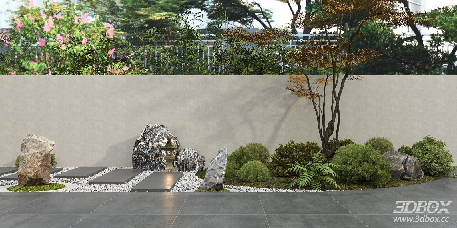 New Chinese Style Zen Courtyard Rock Landscape Plant Set 3D model - front view