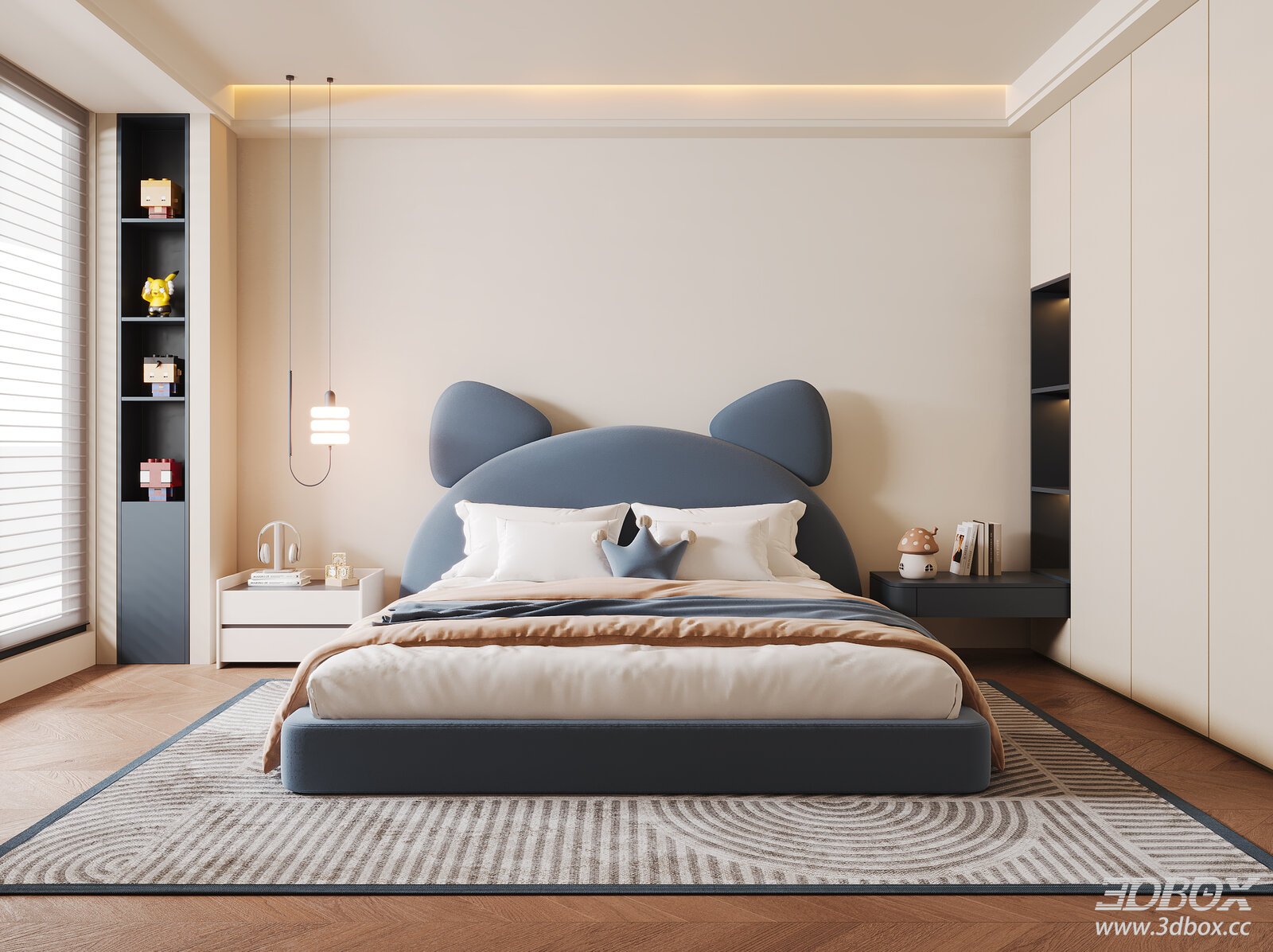 Modern Boys Bedroom with Cartoon Double Bed and Decor 3D model - front view