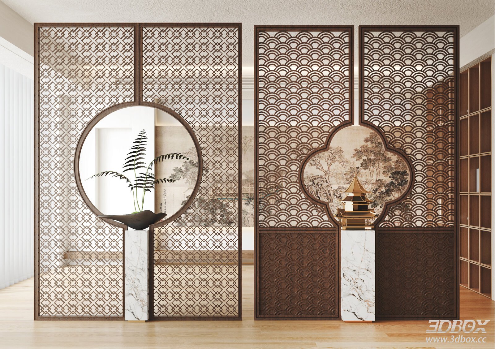 Modern Chinese Style Wooden Lattice Room Divider Partition 3D model - front view