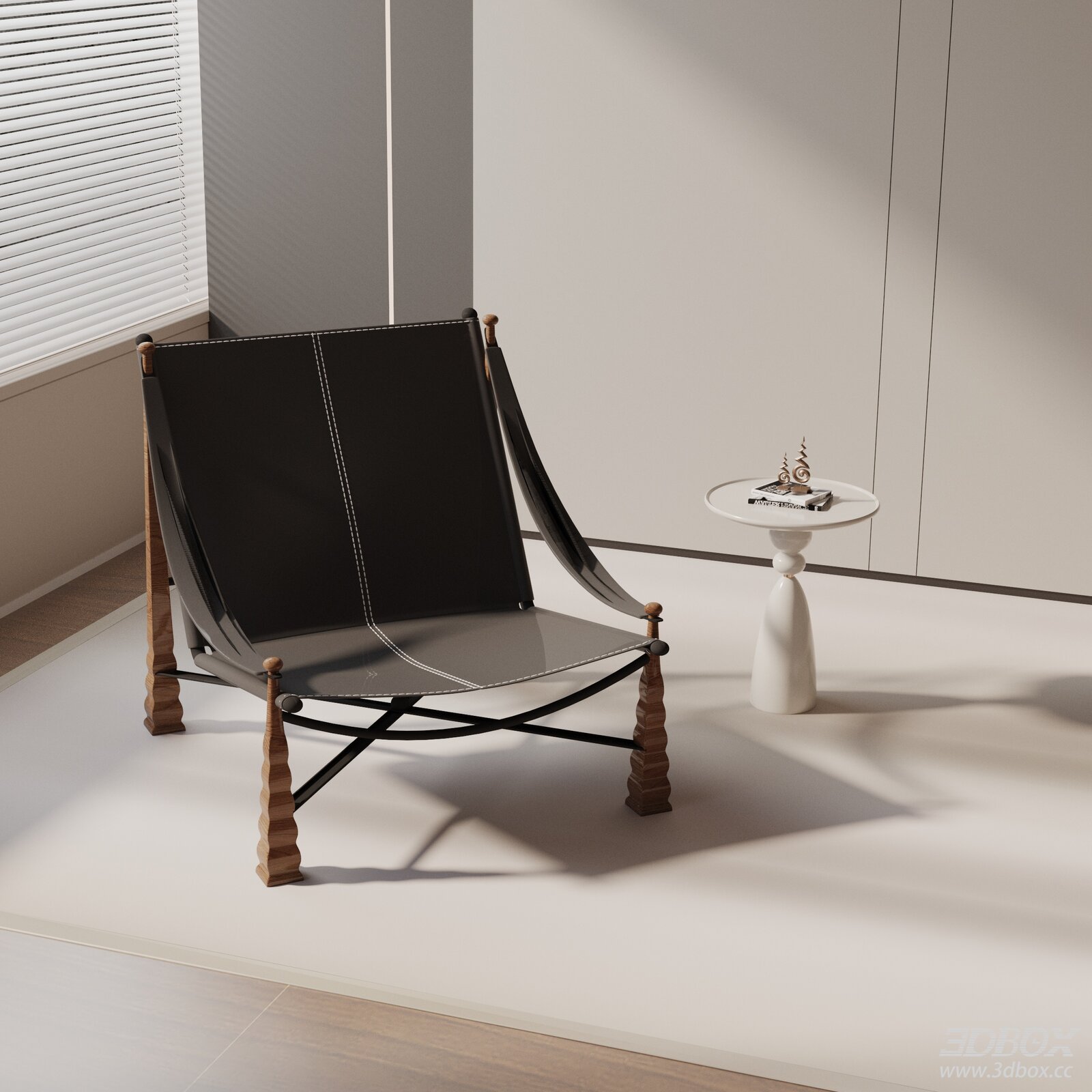 Modern Leather Wood Armchair with Side Table 3D model - front view