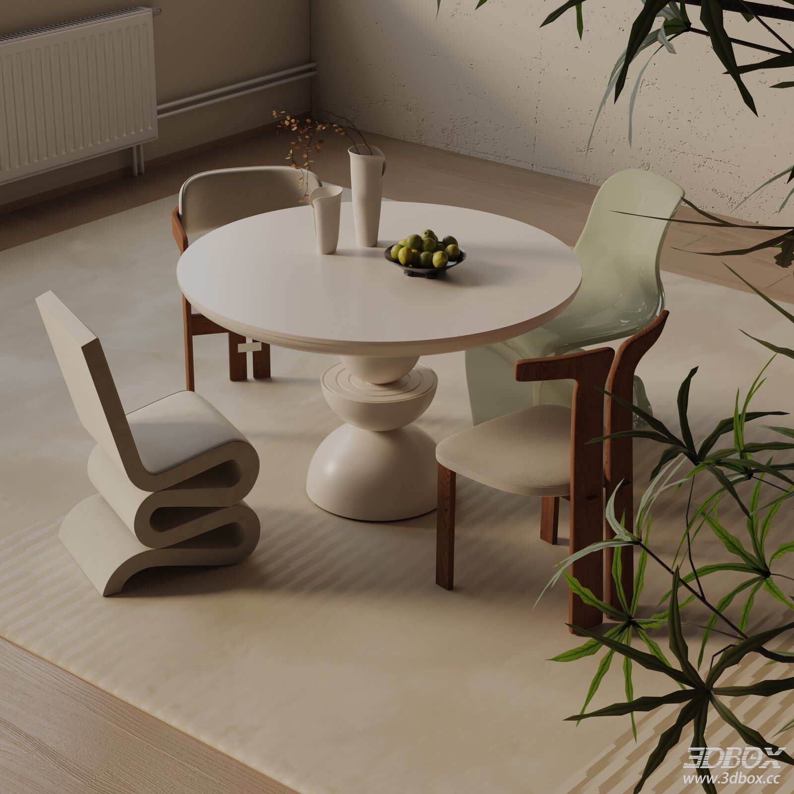 Modern Minimalist Round Dining Table and Chairs Set 3D model - front view