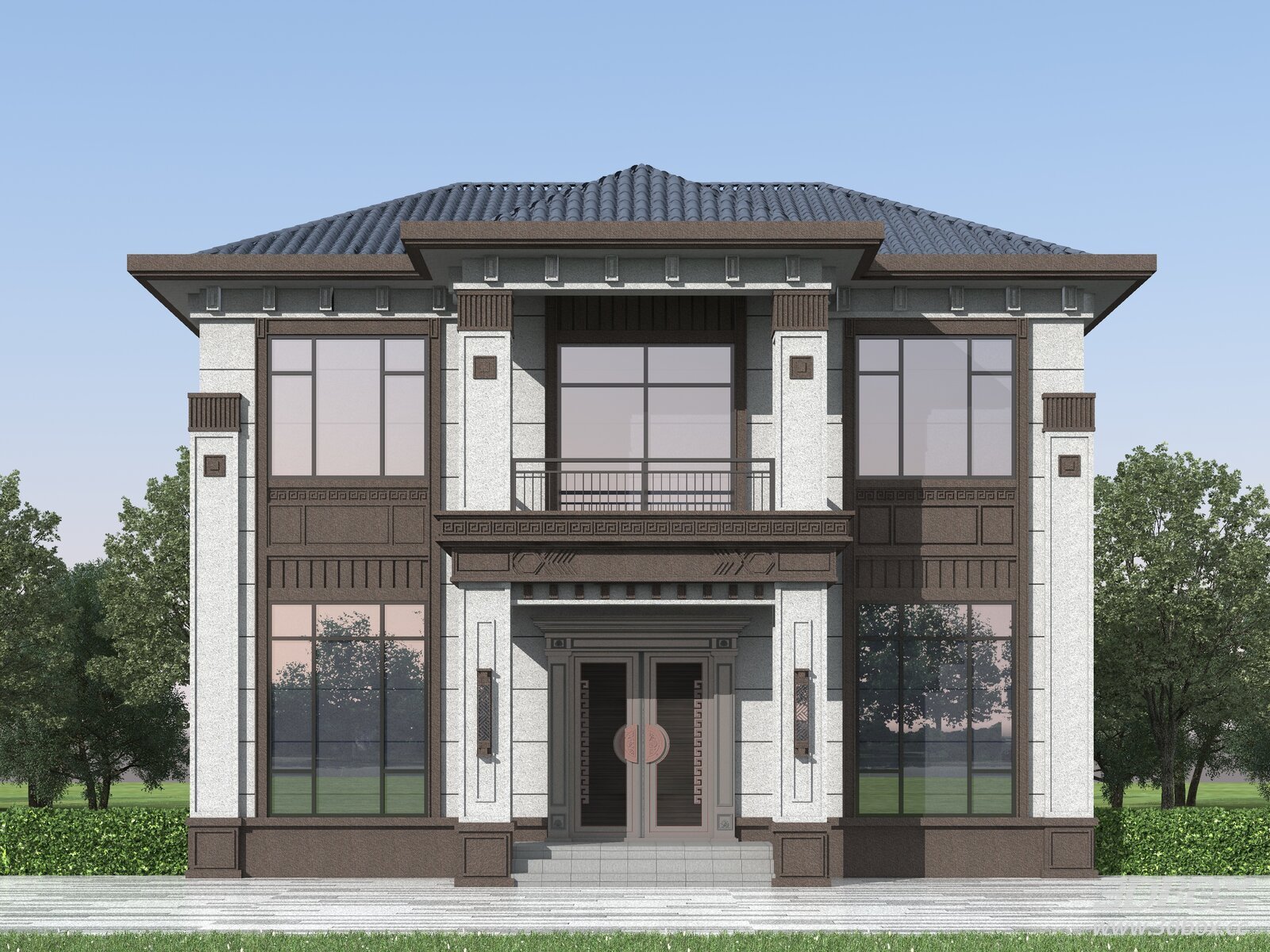 Modern Chinese Style Two-story Detached Villa Exterior 3D model - front view