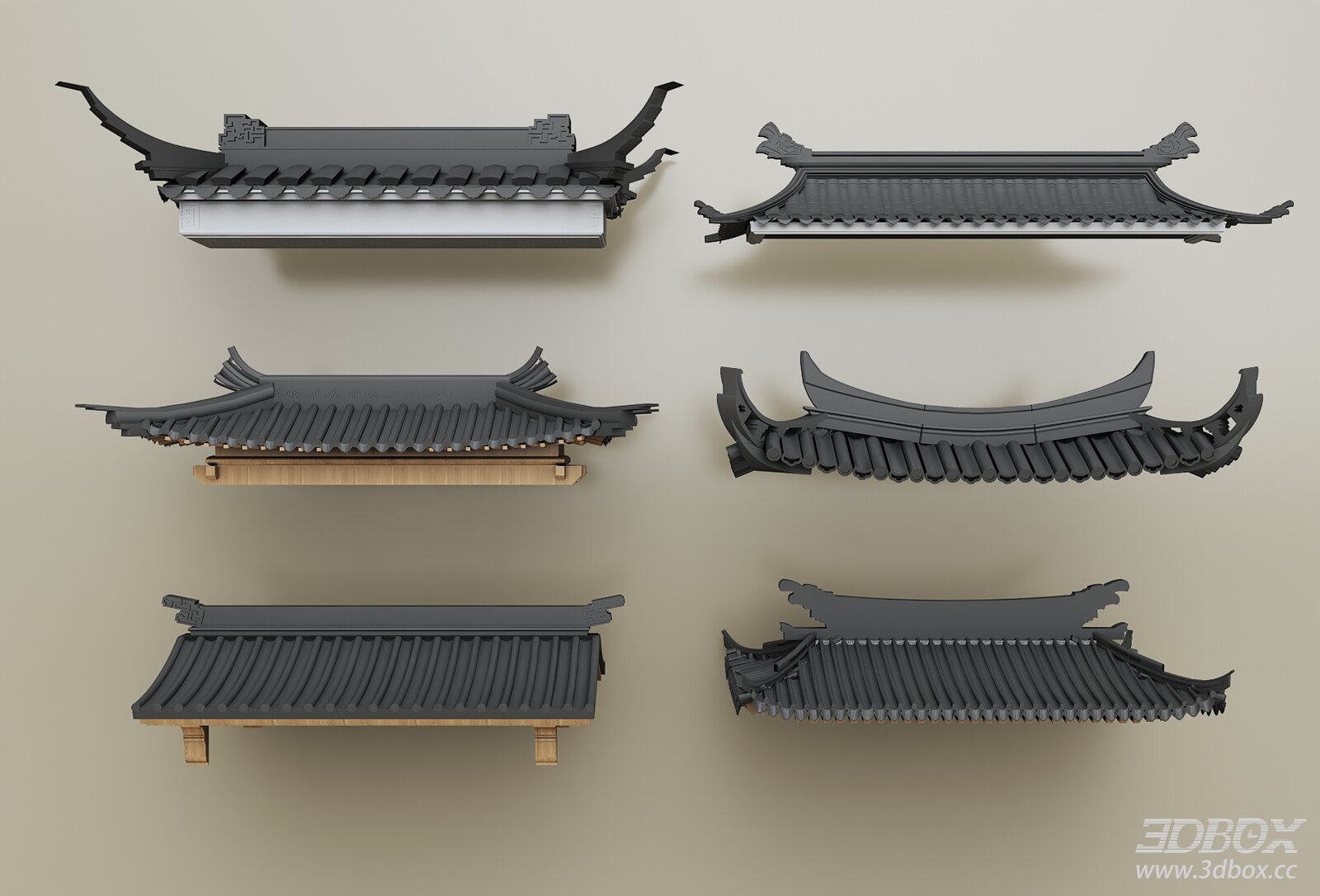 Chinese Traditional Eave Roof Tiles Facade Elements Set 3D model - front view
