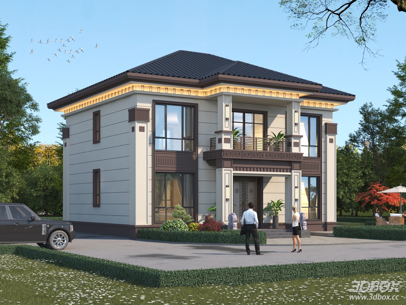 New Chinese Style Two Story Villa Exterior Scene 3D model - front view