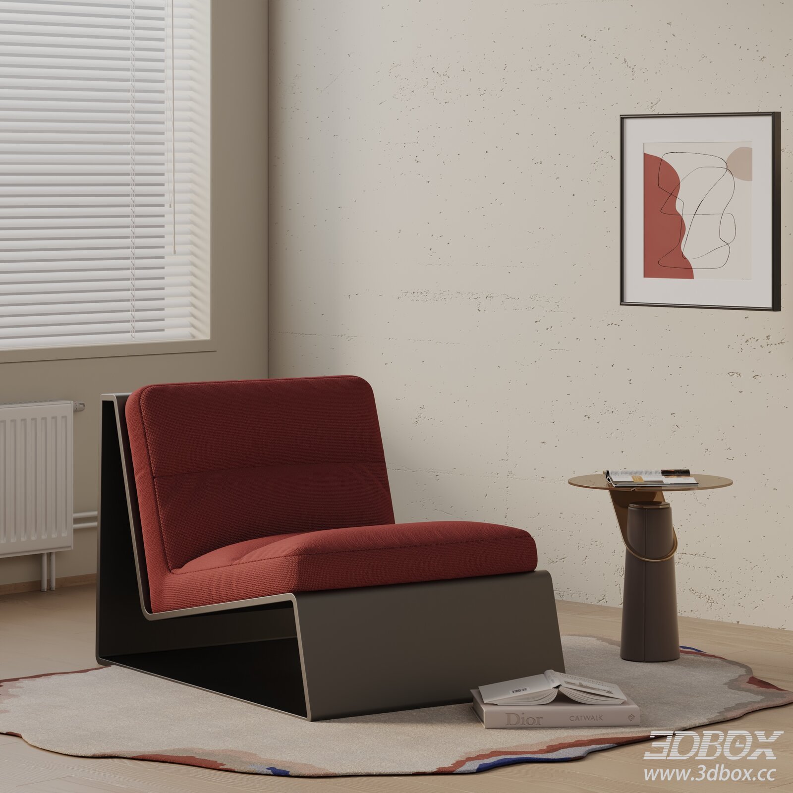 Modern Red Fabric Armchair with Side Table 3D model - thumbnail 1