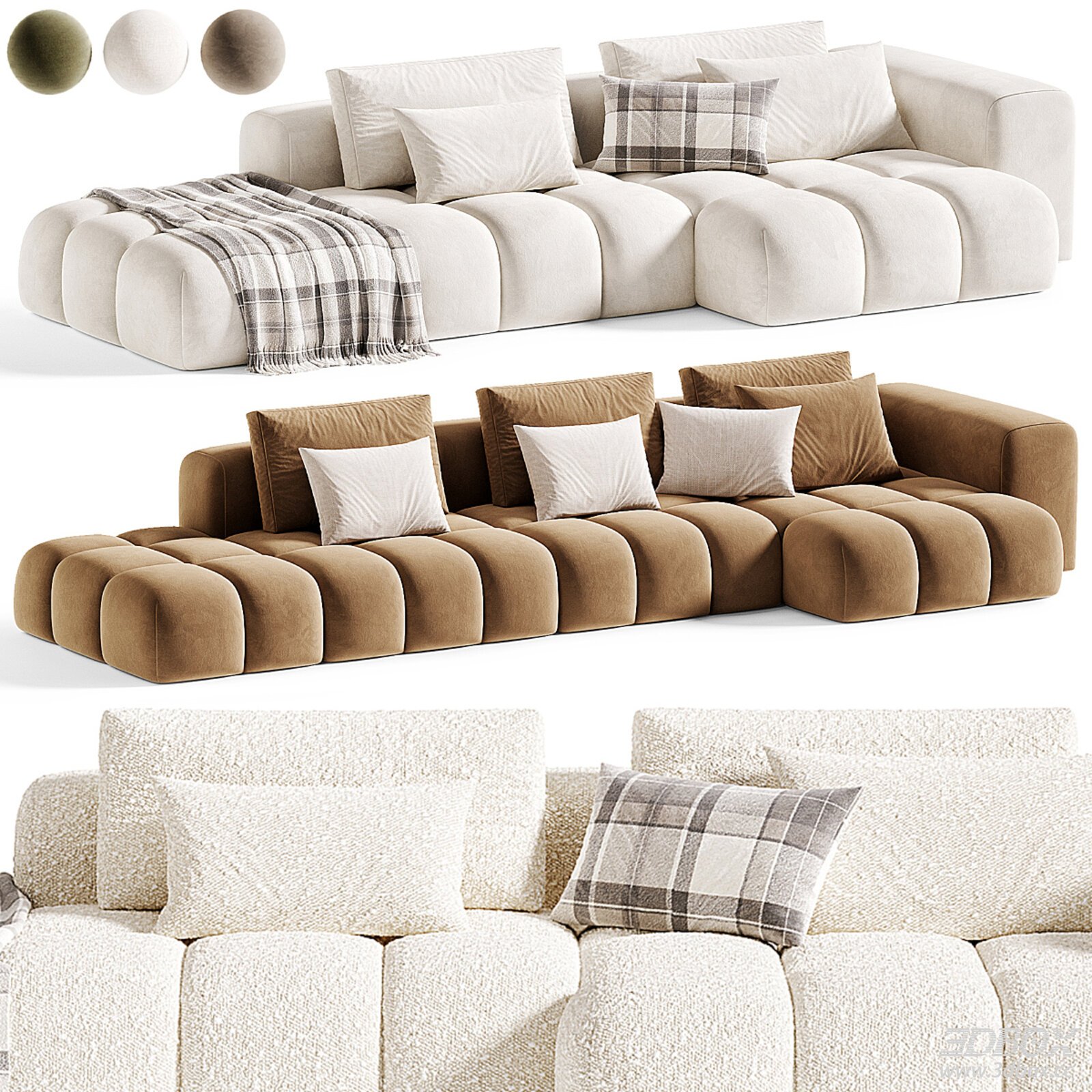 Modern Modular Sectional Sofa Set with Pillows and Blanket 3D model - front view