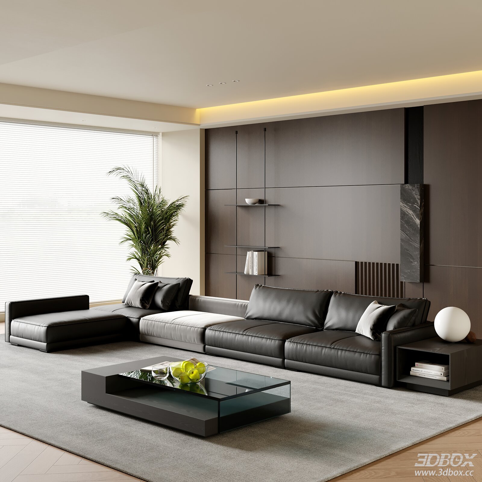 Modern Minimalist Leather Living Room Interior Scene 3D model - front view