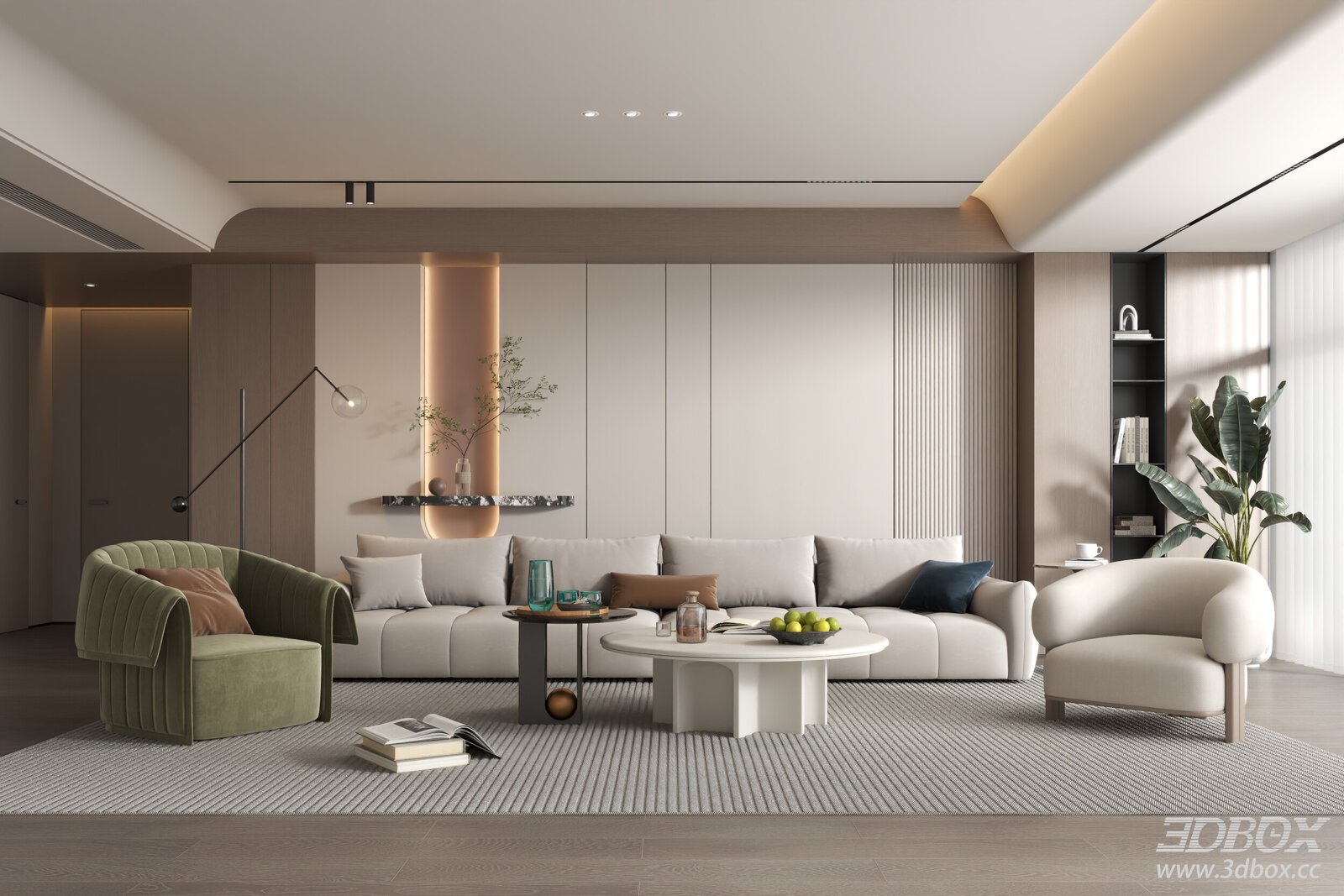 Modern Minimalist Living Room Sofa Coffee Table Interior Scene 3D model - front view