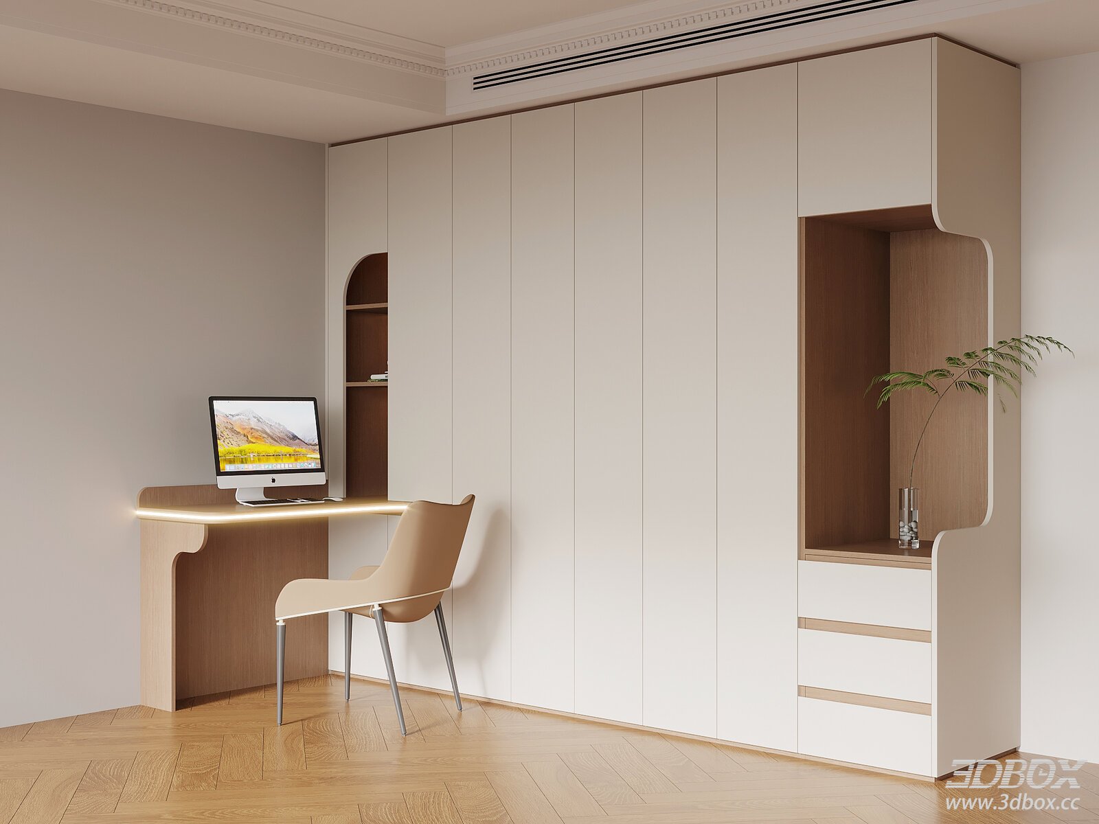 Modern Minimalist Integrated Wardrobe Desk Chair Set 3D model - front view